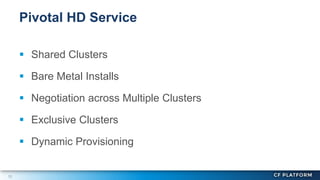 12
 Shared Clusters
 Bare Metal Installs
 Negotiation across Multiple Clusters
 Exclusive Clusters
 Dynamic Provisioning
Pivotal HD Service
 