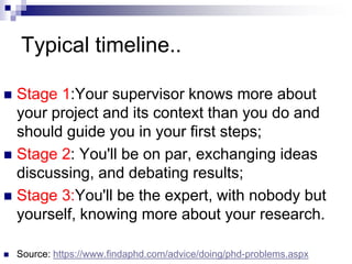 Typical timeline..
 Stage 1:Your supervisor knows more about
your project and its context than you do and
should guide you in your first steps;
 Stage 2: You'll be on par, exchanging ideas
discussing, and debating results;
 Stage 3:You'll be the expert, with nobody but
yourself, knowing more about your research.
 Source: https://www.findaphd.com/advice/doing/phd-problems.aspx
 