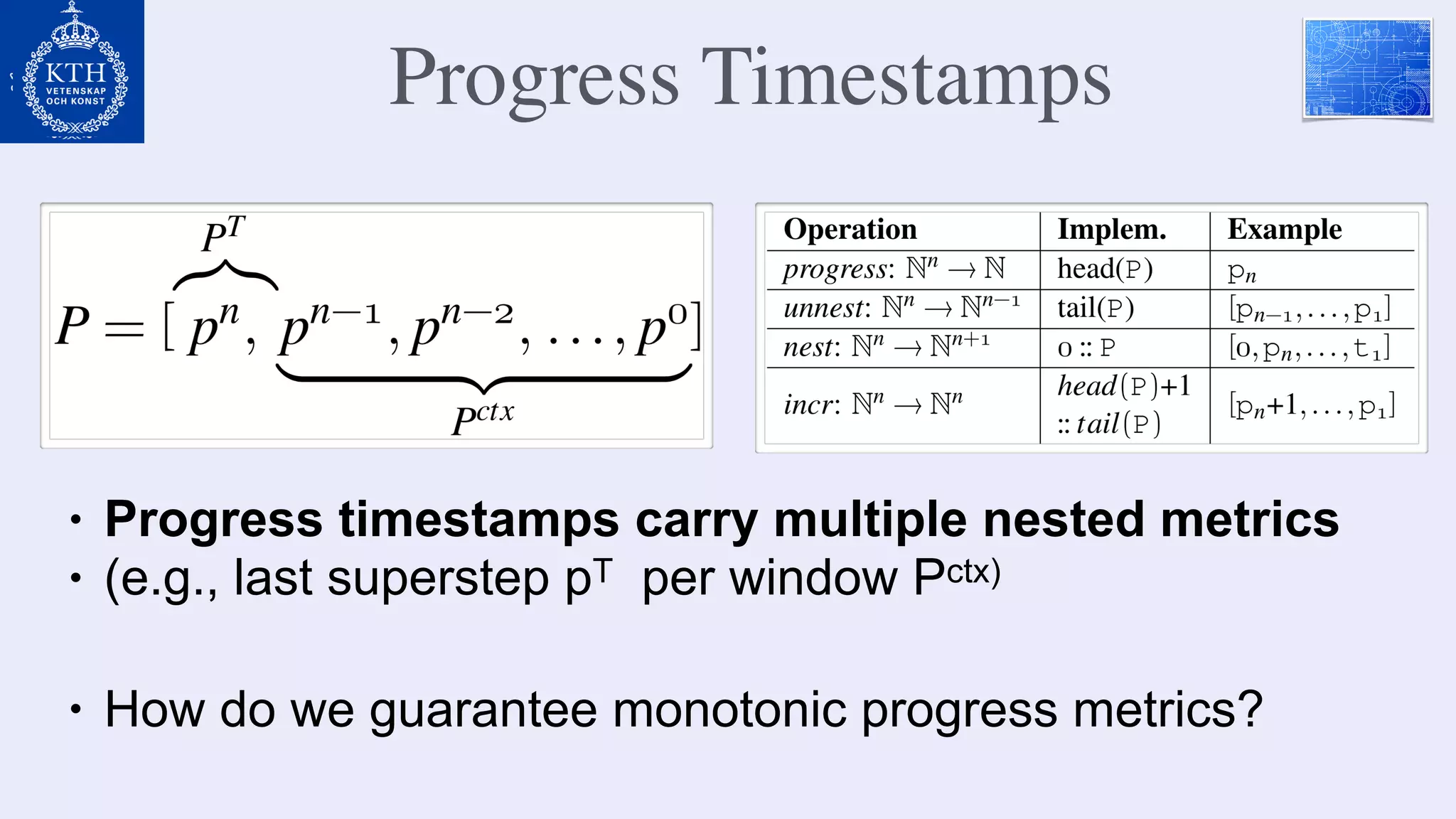 Progress Timestamps
• Progress timestamps carry multiple nested metrics
• (e.g., last superstep pT per window Pctx)
• How do we guarantee monotonic progress metrics?
 