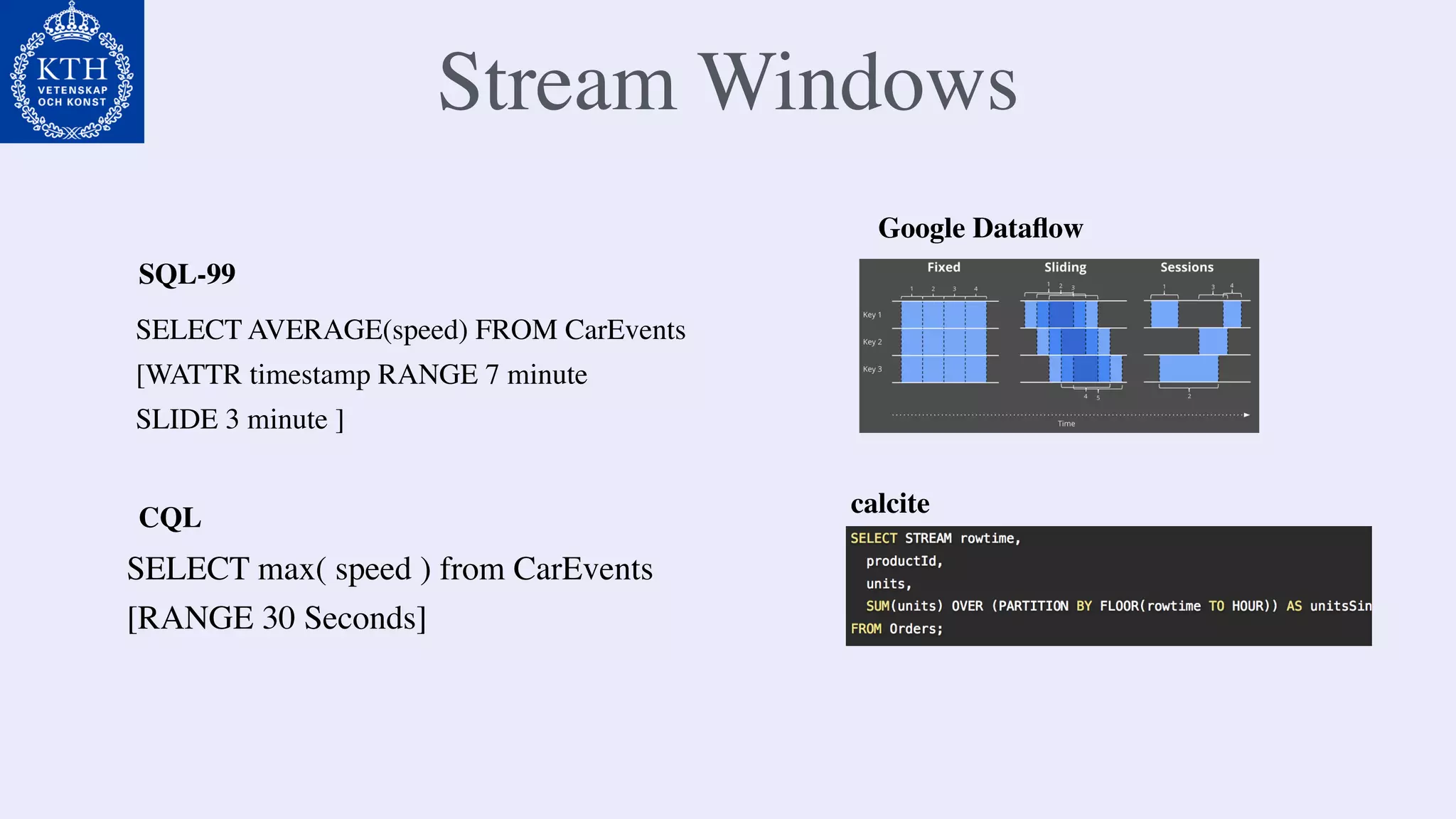 Stream Windows
SELECT AVERAGE(speed) FROM CarEvents
[WATTR timestamp RANGE 7 minute
SLIDE 3 minute ]
SELECT max( speed ) from CarEvents
[RANGE 30 Seconds]
SQL-99
CQL
Google Dataﬂow
calcite
 