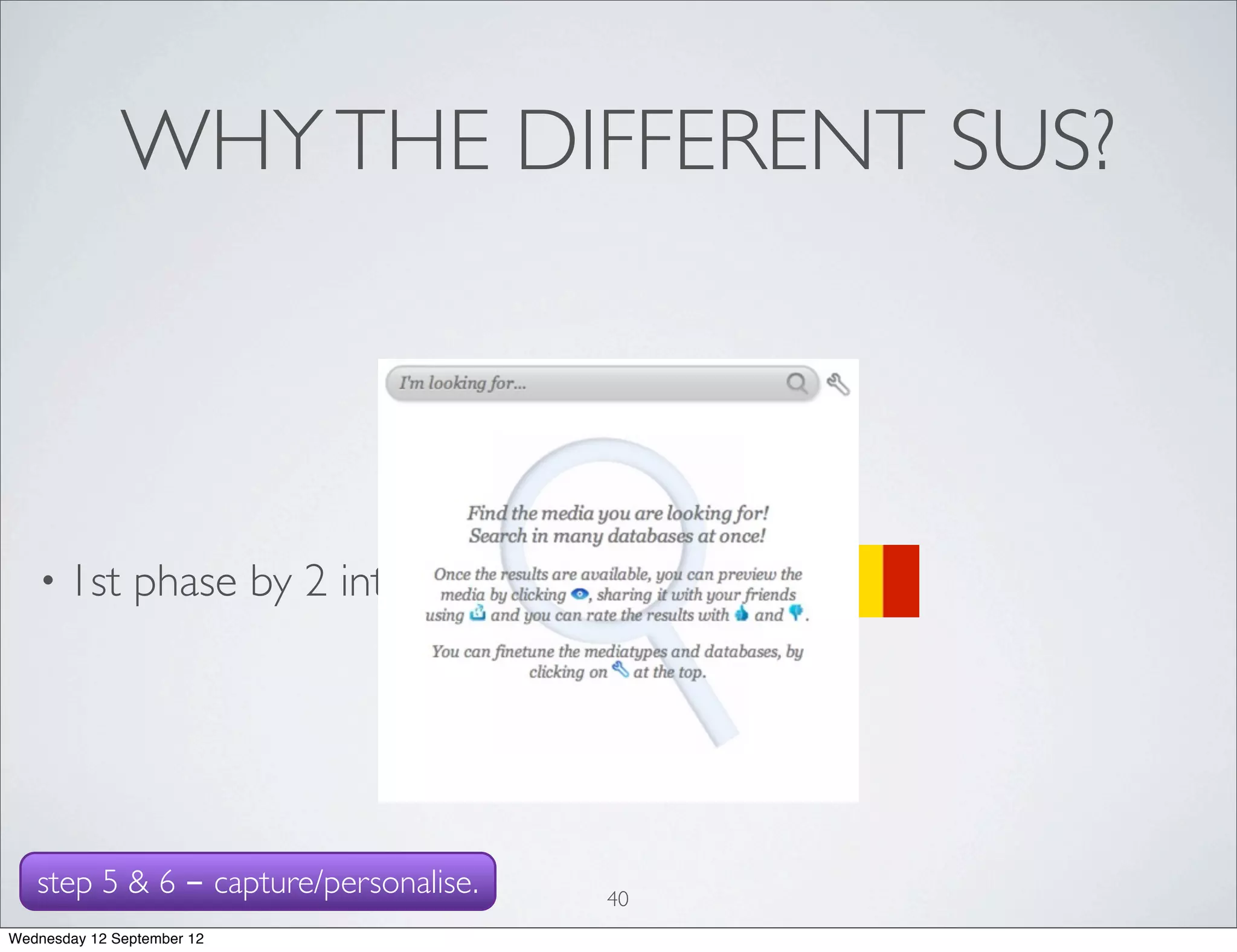 WHY THE DIFFERENT SUS?



   • 1st       phase by 2 interviewers




   step 5 & 6 - capture/personalise.     40
Wednesday 12 September 12
 