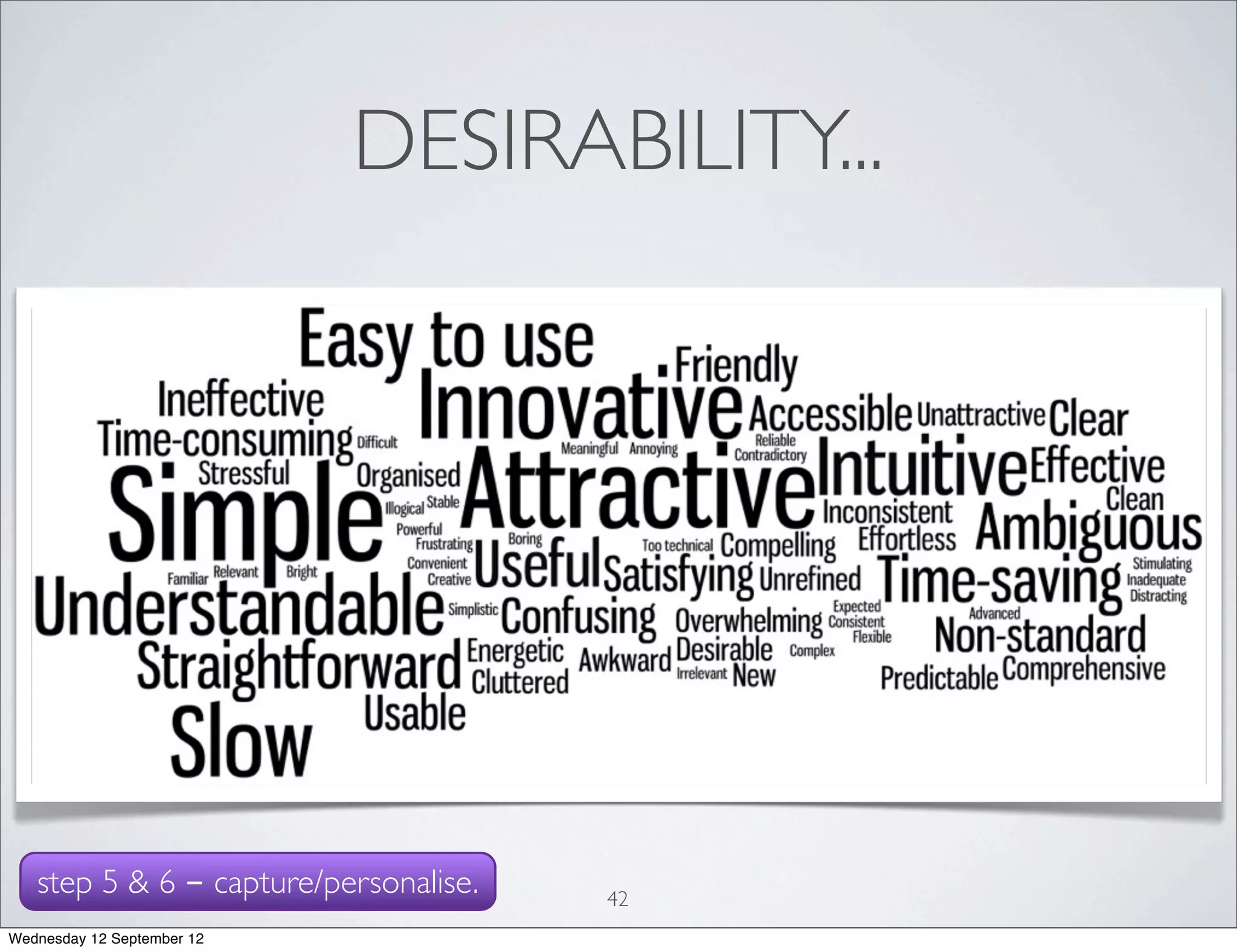 DESIRABILITY...




   step 5 & 6 - capture/personalise.   42
Wednesday 12 September 12
 