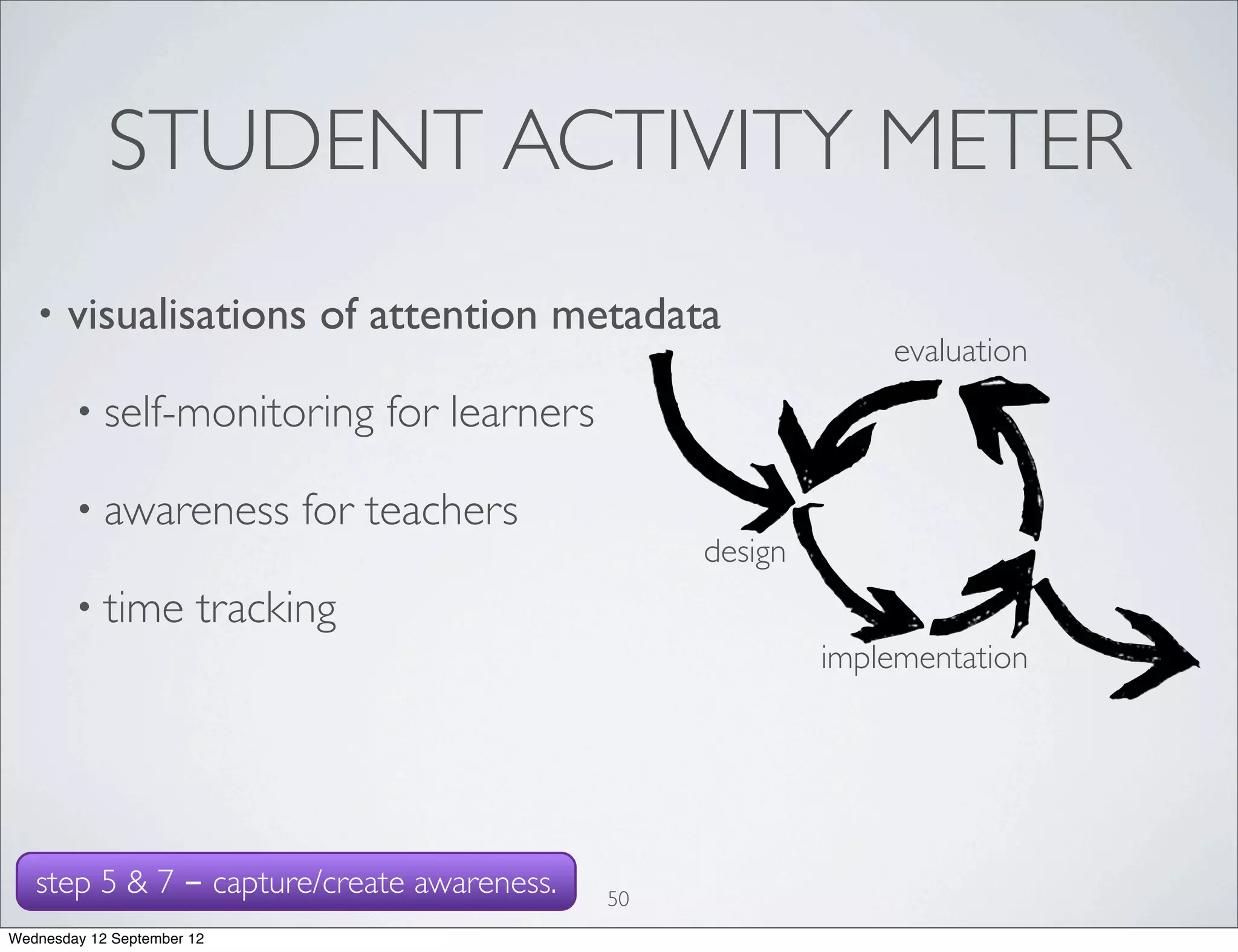 STUDENT ACTIVITY METER
   •   visualisations of attention metadata
                                                                    evaluation
        • self-monitoring          for learners

        • awareness           for teachers
                                                       design
        • time          tracking
                                                                implementation




   step 5 & 7 - capture/create awareness.         50
Wednesday 12 September 12
 