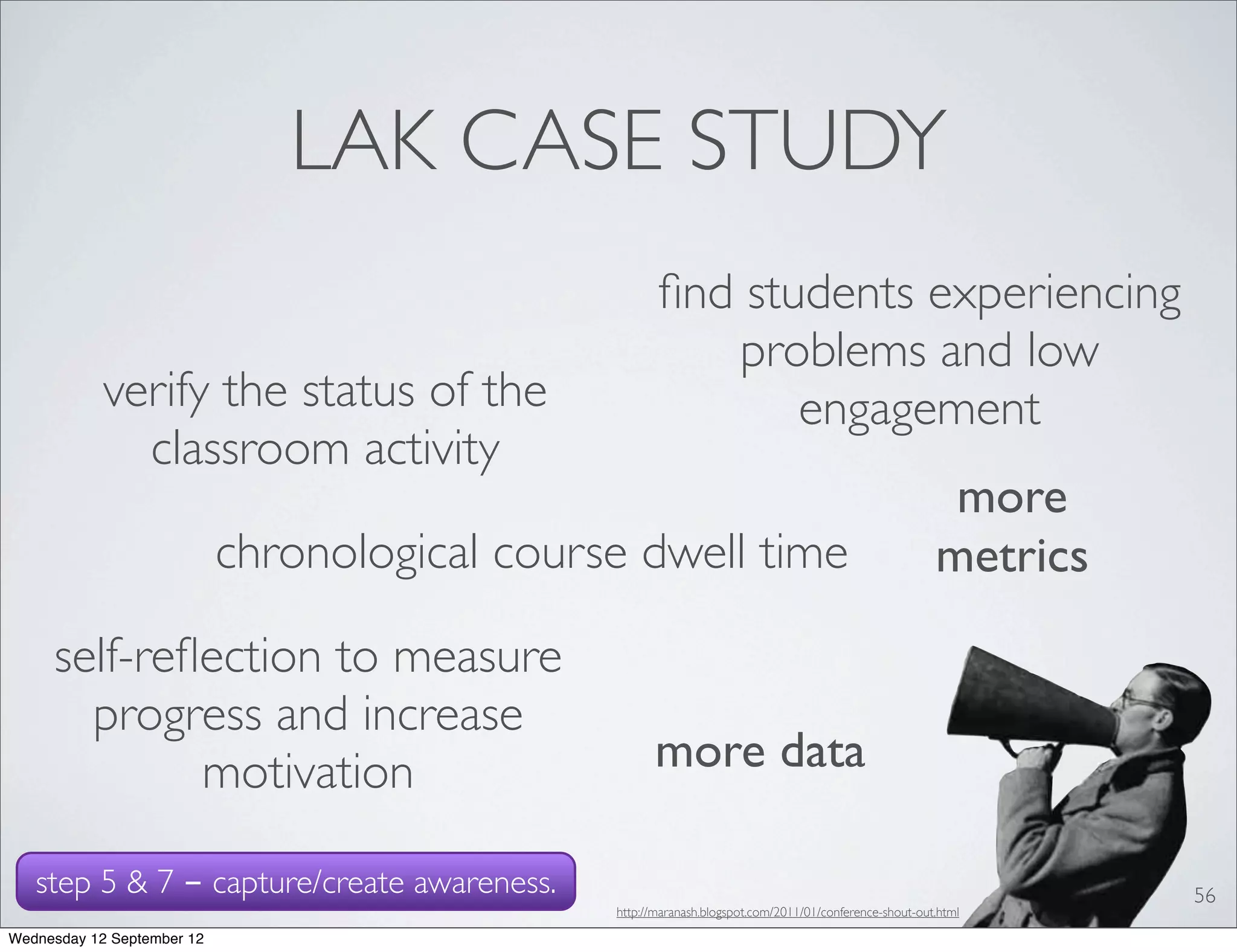 LAK CASE STUDY
                                                      ﬁnd students experiencing
                                                         problems and low
            verify the status of the                         engagement
              classroom activity
                                                                                                         more
                            chronological course dwell time                                             metrics
     self-reﬂection to measure
       progress and increase
             motivation                              more data

   step 5 & 7 - capture/create awareness.                                                                         56
                                               http://maranash.blogspot.com/2011/01/conference-shout-out.html

Wednesday 12 September 12
 