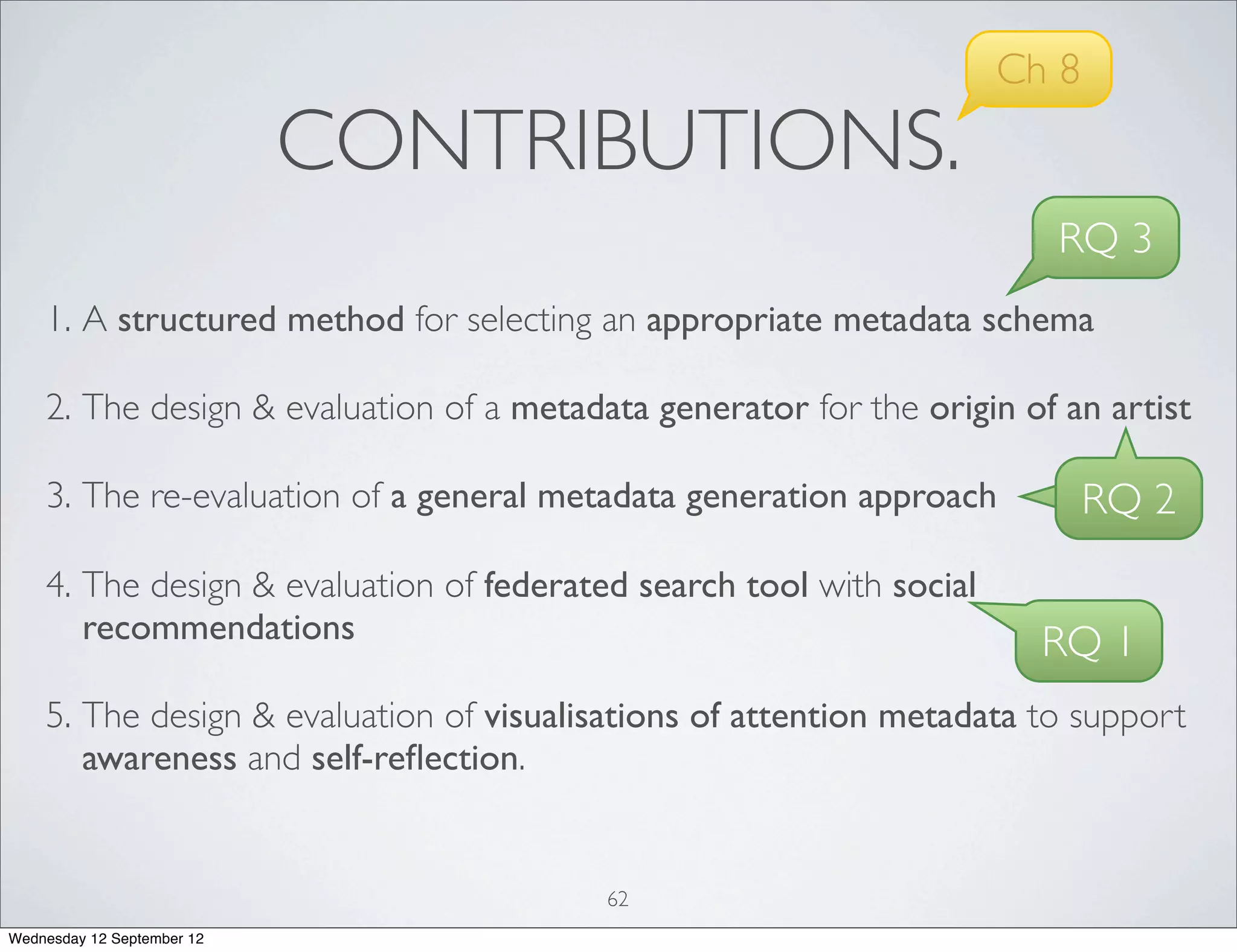 Ch 8
                            CONTRIBUTIONS.
                                                                        RQ 3
    1. A structured method for selecting an appropriate metadata schema

    2. The design & evaluation of a metadata generator for the origin of an artist

    3. The re-evaluation of a general metadata generation approach           RQ 2
    4. The design & evaluation of federated search tool with social
       recommendations                                                  RQ 1
    5. The design & evaluation of visualisations of attention metadata to support
       awareness and self-reﬂection.


                                          62
Wednesday 12 September 12
 