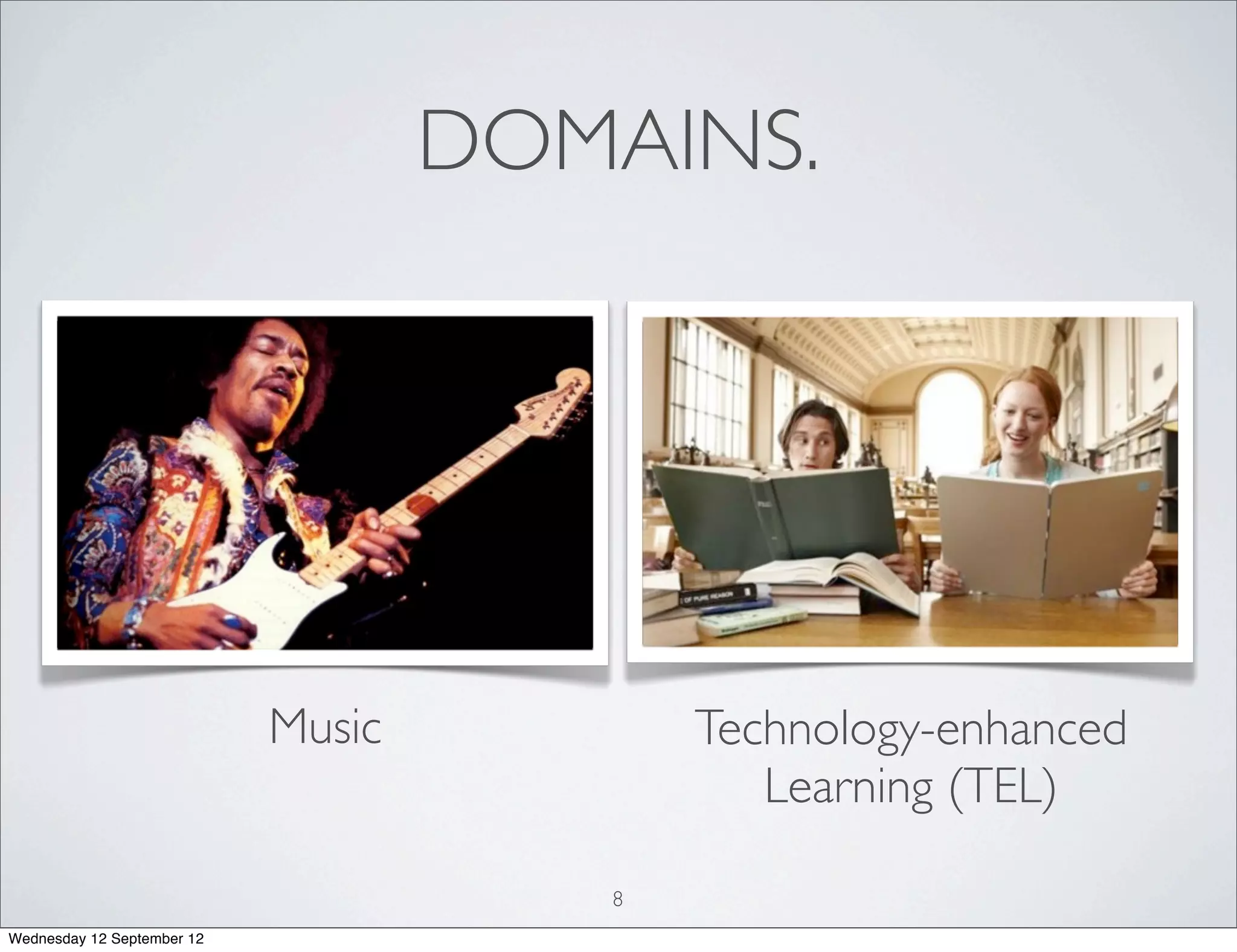 DOMAINS.




                            Music          Technology-enhanced
                                              Learning (TEL)

                                       8
Wednesday 12 September 12
 