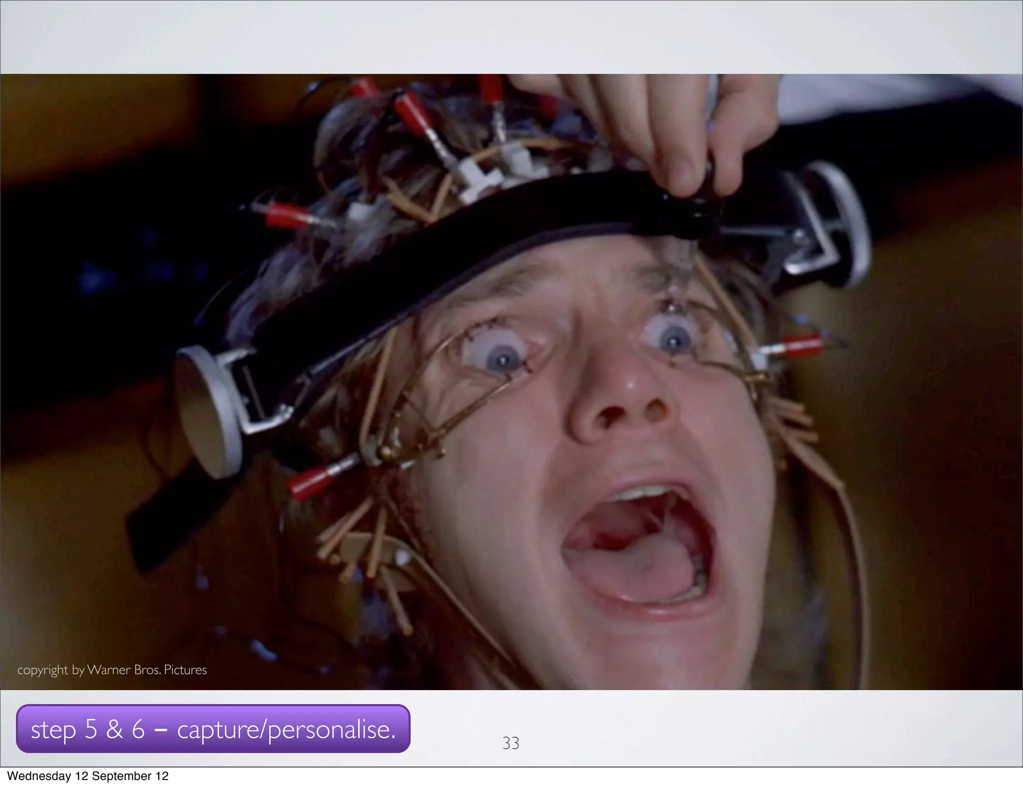 ATTENTION METADATA



                                 Attention metadata does not describe
                                 the content itself, but what people do
                                           with the content.


 copyright by Warner Bros. Pictures



   step 5 & 6 - capture/personalise.               33
Wednesday 12 September 12
 