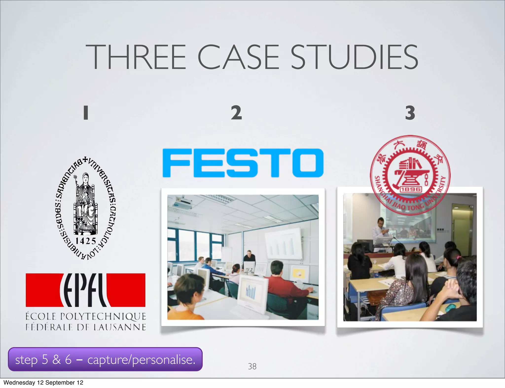 THREE CASE STUDIES
                       1               2        3




   step 5 & 6 - capture/personalise.       38
Wednesday 12 September 12
 