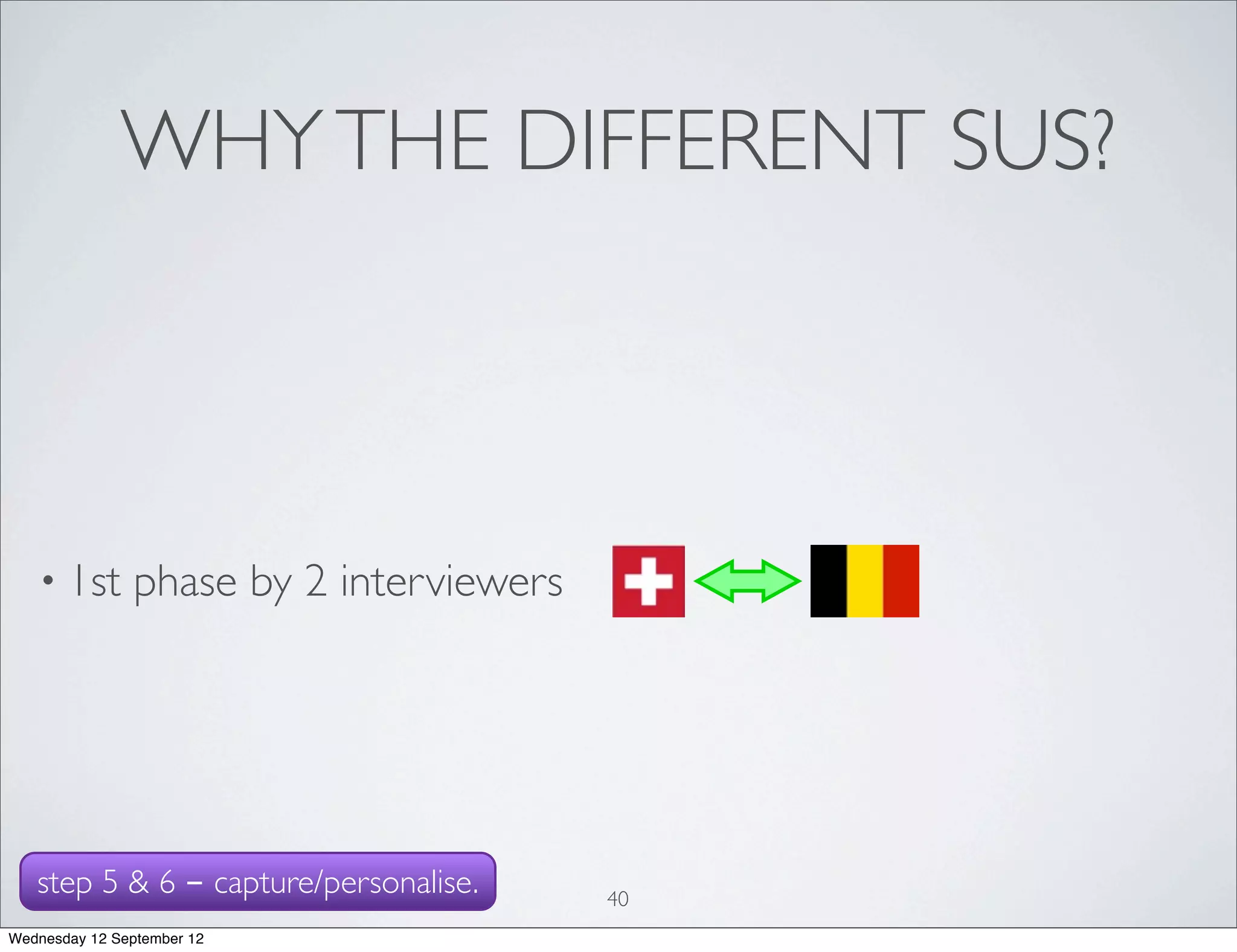 WHY THE DIFFERENT SUS?



   • 1st       phase by 2 interviewers




   step 5 & 6 - capture/personalise.     40
Wednesday 12 September 12
 