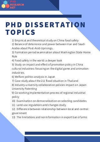 PHD DISSERTATION
TOPICS
1) Empirical and theoretical study on China food safety
2) Balance of deterrence and power between Iran and Saudi
Arabia about Post-Arab Uprisings.
3) Formation period examination about Washington State Home
Rule
4) Food safety in the world: a deeper look
5) Study on impact and effect of promotion policy in China
cultural industries: focusing on the digital game and animation
industries.
6) Welfare politics analysis in Japan
7) Case study about the 211 flood situation in Thailand
8) Industry-university collaboration policies impact on Japan
University Patenting
9) Co-working implementation process of regional industrial
policy
10)  Examination on democratization on selecting candidates
11)  Land-use regulations and changes study
12)  Difference between relationship between local and central
government
13)  The limitations and norm formation in export ban of arms
 
