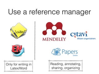 Use a reference manager
Only for writing in 
Latex/Word
Reading, annotating, 
sharing, organizing
 