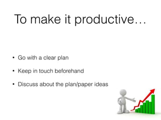 To make it productive…
• Go with a clear plan
• Keep in touch beforehand
• Discuss about the plan/paper ideas
 