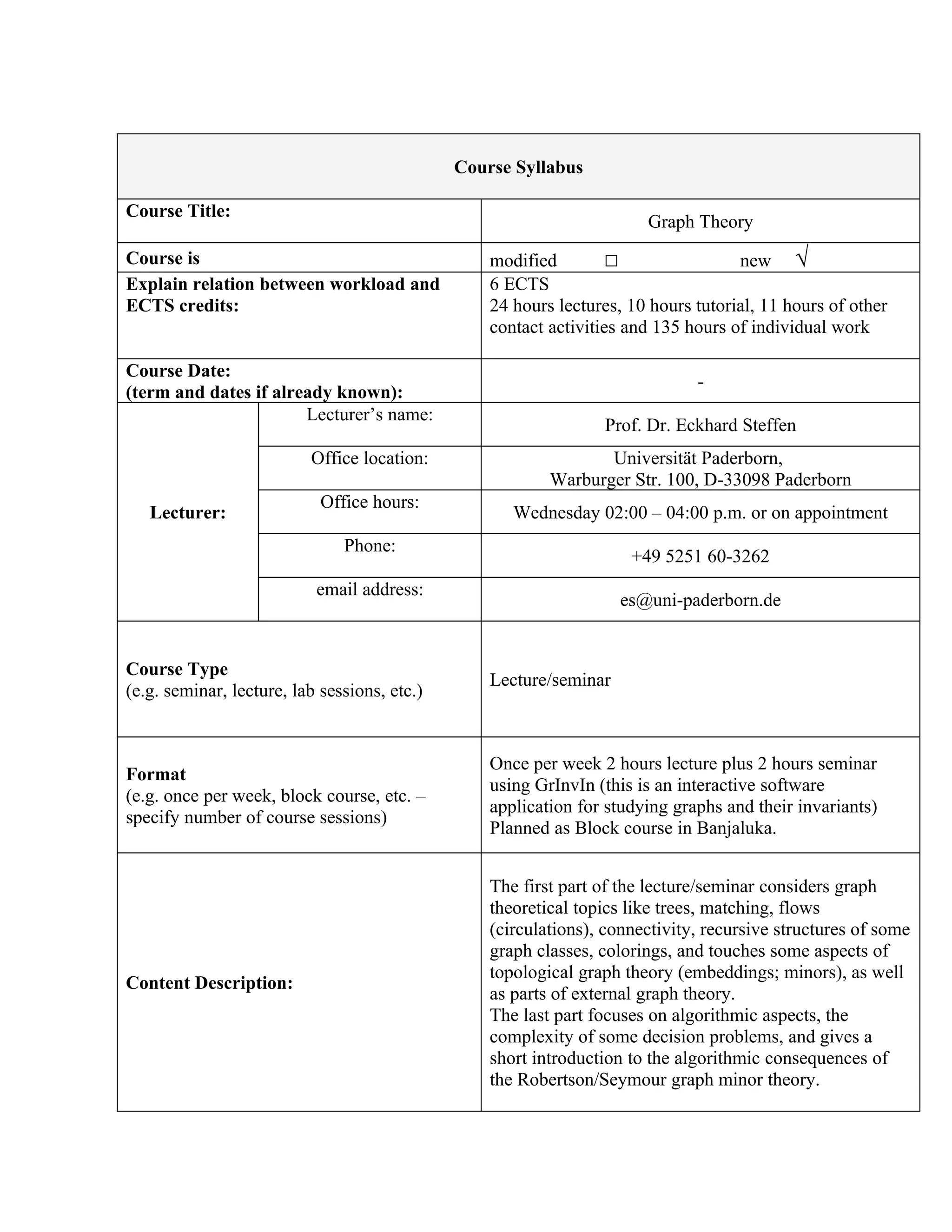 Course Syllabus

Course Title:
                                                                       Graph Theory
Course is                                         modified        □                 new √
Explain relation between workload and             6 ECTS
ECTS credits:                                     24 hours lectures, 10 hours tutorial, 11 hours of other
                                                  contact activities and 135 hours of individual work

Course Date:
                                                                              -
(term and dates if already known):
                       Lecturer’s name:
                                                                 Prof. Dr. Eckhard Steffen
                          Office location:                       Universität Paderborn,
                                                          Warburger Str. 100, D-33098 Paderborn
                            Office hours:
   Lecturer:                                         Wednesday 02:00 – 04:00 p.m. or on appointment
                               Phone:
                                                                     +49 5251 60-3262
                           email address:
                                                                    es@uni-paderborn.de


Course Type
                                                  Lecture/seminar
(e.g. seminar, lecture, lab sessions, etc.)


                                                  Once per week 2 hours lecture plus 2 hours seminar
Format
                                                  using GrInvIn (this is an interactive software
(e.g. once per week, block course, etc. –
                                                  application for studying graphs and their invariants)
specify number of course sessions)
                                                  Planned as Block course in Banjaluka.


                                                  The first part of the lecture/seminar considers graph
                                                  theoretical topics like trees, matching, flows
                                                  (circulations), connectivity, recursive structures of some
                                                  graph classes, colorings, and touches some aspects of
                                                  topological graph theory (embeddings; minors), as well
Content Description:
                                                  as parts of external graph theory.
                                                  The last part focuses on algorithmic aspects, the
                                                  complexity of some decision problems, and gives a
                                                  short introduction to the algorithmic consequences of
                                                  the Robertson/Seymour graph minor theory.
 