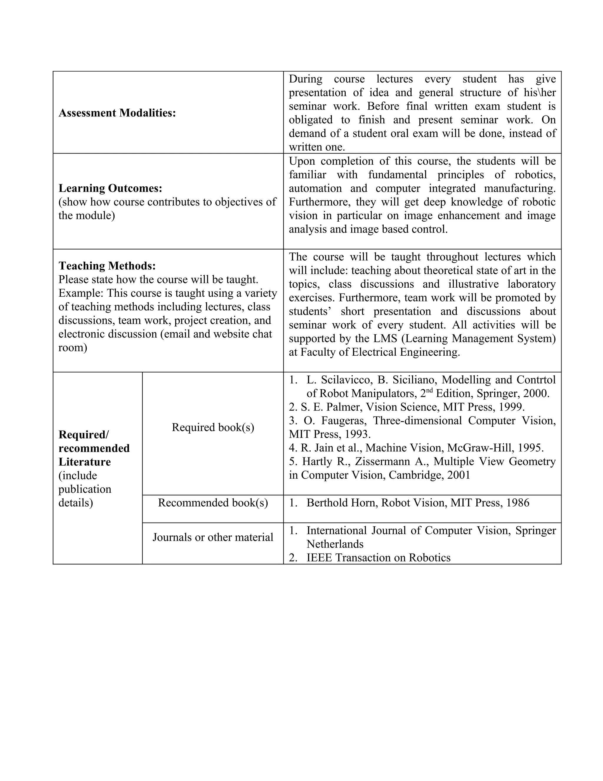 During course lectures every student has give
                                                 presentation of idea and general structure of hisher
                                                 seminar work. Before final written exam student is
Assessment Modalities:
                                                 obligated to finish and present seminar work. On
                                                 demand of a student oral exam will be done, instead of
                                                 written one.
                                                 Upon completion of this course, the students will be
                                                 familiar with fundamental principles of robotics,
Learning Outcomes:                               automation and computer integrated manufacturing.
(show how course contributes to objectives of    Furthermore, they will get deep knowledge of robotic
the module)                                      vision in particular on image enhancement and image
                                                 analysis and image based control.

                                                 The course will be taught throughout lectures which
Teaching Methods:                                will include: teaching about theoretical state of art in the
Please state how the course will be taught.      topics, class discussions and illustrative laboratory
Example: This course is taught using a variety   exercises. Furthermore, team work will be promoted by
of teaching methods including lectures, class    students’ short presentation and discussions about
discussions, team work, project creation, and    seminar work of every student. All activities will be
electronic discussion (email and website chat    supported by the LMS (Learning Management System)
room)                                            at Faculty of Electrical Engineering.

                                                 1. L. Scilavicco, B. Siciliano, Modelling and Contrtol
                                                     of Robot Manipulators, 2nd Edition, Springer, 2000.
                                                 2. S. E. Palmer, Vision Science, MIT Press, 1999.
                                                 3. O. Faugeras, Three-dimensional Computer Vision,
                       Required book(s)
Required/                                        MIT Press, 1993.
recommended                                      4. R. Jain et al., Machine Vision, McGraw-Hill, 1995.
Literature                                       5. Hartly R., Zissermann A., Multiple View Geometry
(include                                         in Computer Vision, Cambridge, 2001
publication
details)            Recommended book(s)          1. Berthold Horn, Robot Vision, MIT Press, 1986

                                                 1. International Journal of Computer Vision, Springer
                   Journals or other material
                                                    Netherlands
                                                 2. IEEE Transaction on Robotics
 
