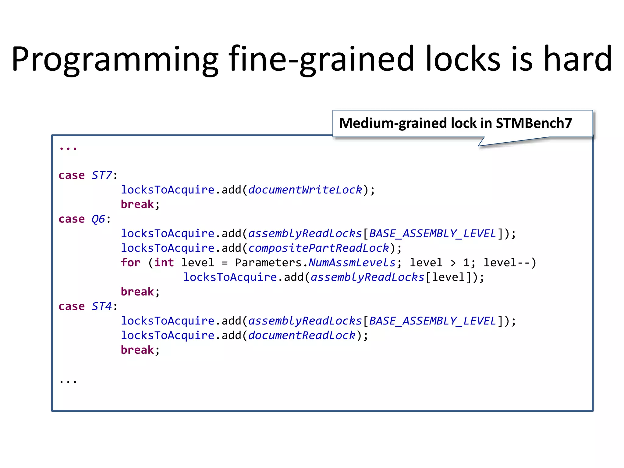 Programming fine-grained locks is hard
...
case ST7:
locksToAcquire.add(documentWriteLock);
break;
case Q6:
locksToAcquire.add(assemblyReadLocks[BASE_ASSEMBLY_LEVEL]);
locksToAcquire.add(compositePartReadLock);
for (int level = Parameters.NumAssmLevels; level > 1; level--)
locksToAcquire.add(assemblyReadLocks[level]);
break;
case ST4:
locksToAcquire.add(assemblyReadLocks[BASE_ASSEMBLY_LEVEL]);
locksToAcquire.add(documentReadLock);
break;
...
Medium-grained lock in STMBench7
 