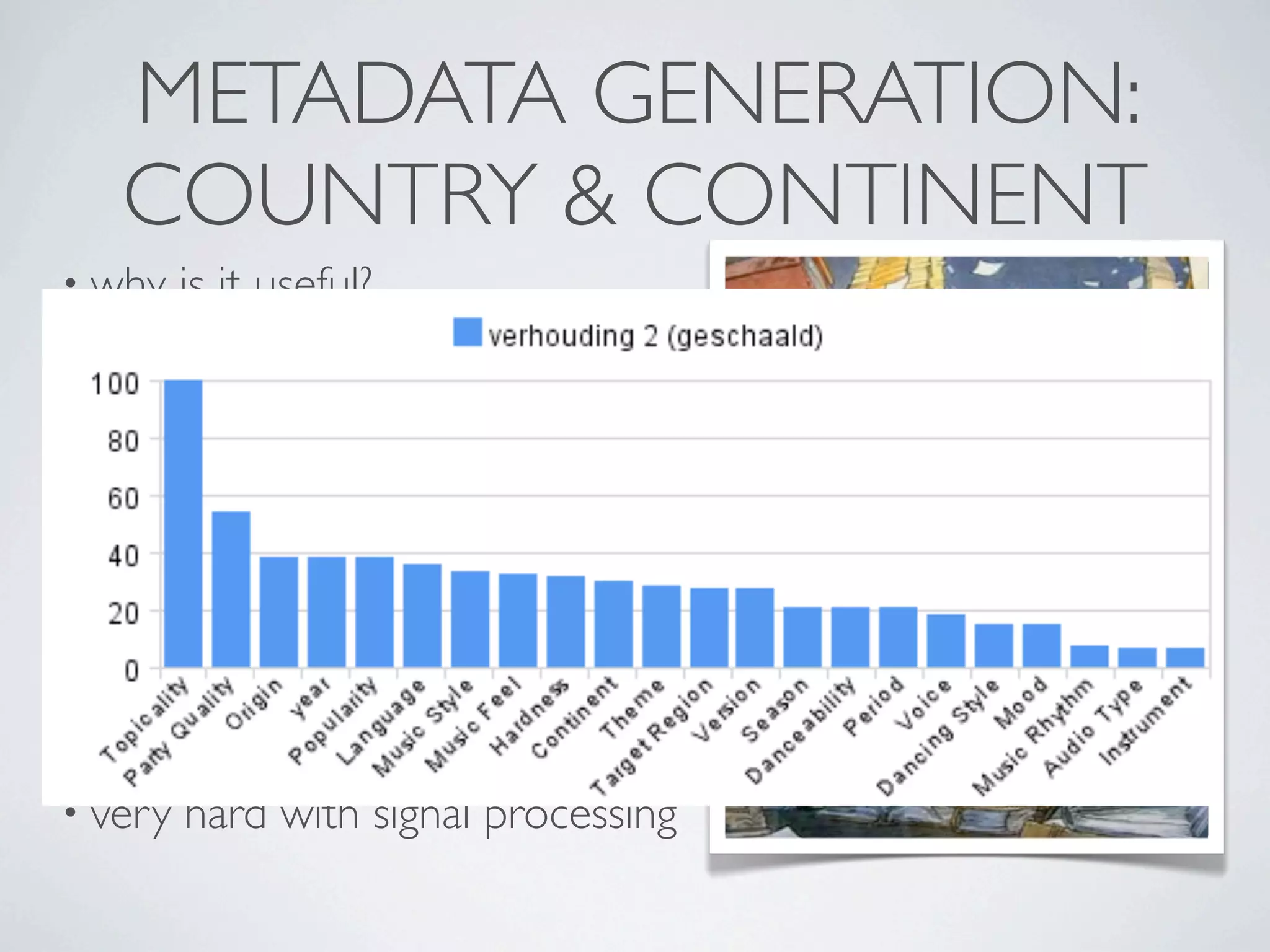 METADATA GENERATION:
     COUNTRY & CONTINENT
 • why     is it useful?

   • subgenres
   • popularity
   • recommendations

 • expensive      to annotate

 • very    few existing research

! • very   hard with signal processing
 