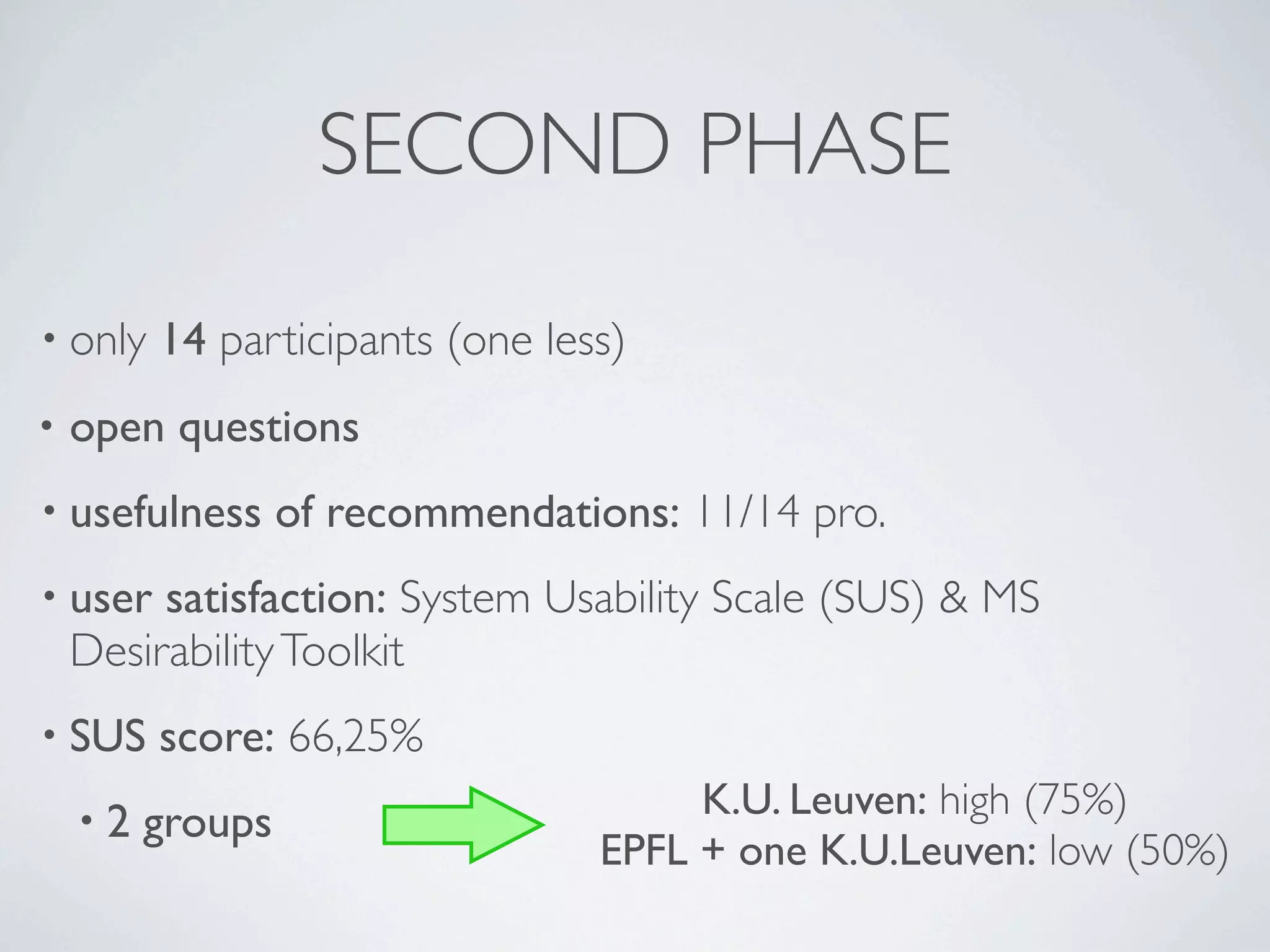 SECOND PHASE
• only   14 participants (one less)
•   open questions
• usefulness      of recommendations: 11/14 pro.
• user   satisfaction: System Usability Scale (SUS) & MS
    Desirability Toolkit
• SUS    score: 66,25%
    •2                                K.U. Leuven: high (75%)
         groups
                                 EPFL + one K.U.Leuven: low (50%)
 