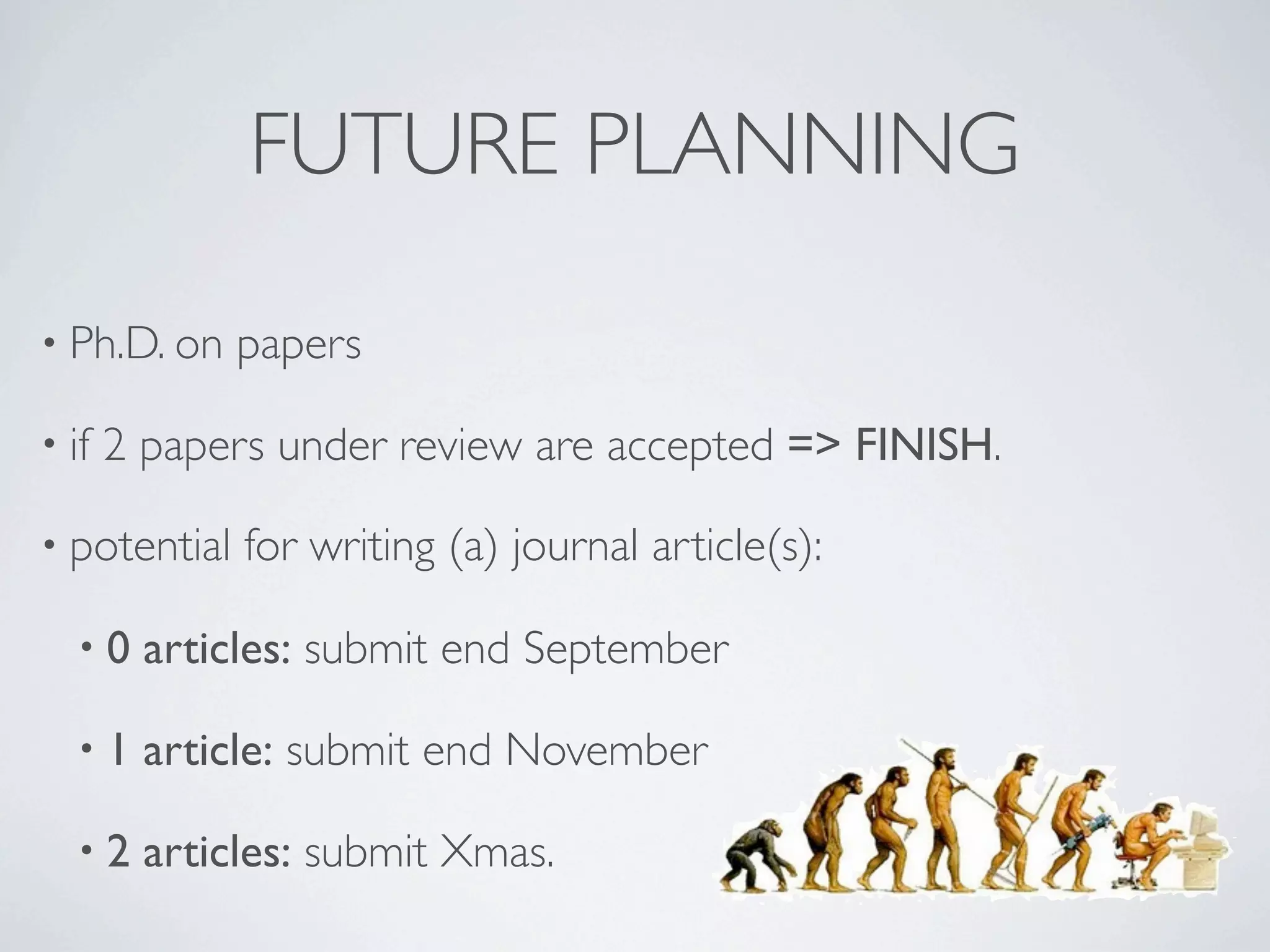 FUTURE PLANNING

• Ph.D. on    papers

• if   2 papers under review are accepted => FINISH.

• potential   for writing (a) journal article(s):

  •0     articles: submit end September

  •1     article: submit end November

  •2     articles: submit Xmas.
 