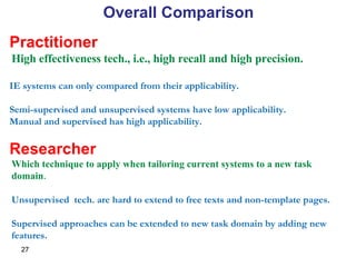 Overall Comparison Practitioner High effectiveness tech., i.e., high recall and high precision. IE systems can only compared from their applicability.  Semi-supervised and unsupervised systems have low applicability. Manual and supervised has high applicability.  Researcher Which technique to apply when tailoring current systems to a new task domain . Unsupervised  tech. are hard to extend to free texts and non-template pages.  Supervised approaches can be extended to new task domain by adding new features. 