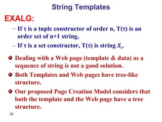 Dealing with a Web page (template & data) as a sequence of string is not a good solution. Both Templates and Web pages have tree-like structure. Our proposed Page Creation Model considers that both the template and the Web page have a tree structure. String Templates EXALG: If    is a tuple constructor of order n, T(  ) is an order set of n+1 string,  If    is a set constructor, T(  ) is string  S τ . 