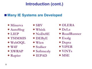 Many IE Systems are Developed Minerva AutoSlog LIEP TSIMMIS WebOQL W4F XWRAP Rapier SRV Whisk NoDoSE DEByE Wien Stalker Softmealy IEPAD OLERA DeLa RoadRunner Exalg Depta ViPER ViNTs MSE Introduction (cont.) 