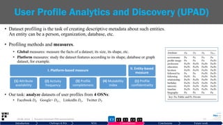 • Dataset profiling is the task of creating descriptive metadata about such entities.
An entity can be a person, organization, database, etc.
• Profiling methods and measures.
• Global measures: measure the facts of a dataset; its size, its shape, etc.
• Platform measures: study the dataset features according to its shape, database or graph
dataset, for example.
• Our task: analyze datasets of user profiles from 4 OSNs:
• Facebook DF, Google+ DG+, LinkedIn DL, Twitter DT
29.06.2019 | Hussein Hazimeh PhD presentation 17
User Profile Analytics and Discovery (UPAD)
Introduction Challenges & RQs SOA Contributions Conclusions Future work
C2
C2
C3 C4 C5C1
I. Platform-based measure
(1) Attribute
availability
(2) Activity
frequency
(3) Profile
completeness
(4) Mutability
index
II. Entity-based
measure
(1) Profile
confidentiality
 