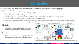 • In this thesis, we introduced new methods to reinforce entities in a knowledge graph.
• Main contributions recap:
• (1) comparative review on user profile matching on OSNs.
• (2) profiling online social networking users.
• (3) embedding social network profile links to academic entities extracted from the Wikidata knowledge graph.
• (4) introduced a new method for linking social profiles across different OSNs.
• (5) calculated and added sentiment polarities for social event entities extracted from Wikidata knowledge graph. (Did not present
because of the time limit, however, can be opened for Q&A discussion).
29.06.2019 48
Conclusions
Introduction Challenges & RQs SOA Contributions Conclusions Future work
Google
scholar
Data sources
KB
Knowledge
bases
Existing
New KGs
Embedding
Life events
Find social link and sentimentProfiling
Sentiment
Biographies
Sentiment features
C2
C3
C3C4
C3C5
• Methods:
• We used new resources and features in all of our
methods, which are not used in the related work.
• Results:
• We show that our methods can outperform the existing
methods in terms of precision, recall, and accuracy.
| Hussein Hazimeh PhD presentation
 