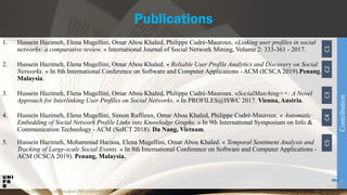 29.06.2019 51
Publications
Contribution
1. Hussein Hazimeh, Elena Mugellini, Omar Abou Khaled, Philippe Cudré-Mauroux. «Linking user profiles in social
networks: a comparative review. » International Journal of Social Network Mining, Volume 2: 333-361 - 2017.
2. Hussein Hazimeh, Elena Mugellini, Omar Abou Khaled. « Reliable User Profile Analytics and Discovery on Social
Networks. » In 8th International Conference on Software and Computer Applications - ACM (ICSCA 2019).Penang,
Malaysia.
3. Hussein Hazimeh, Elena Mugellini, Omar Abou Khaled, Philippe Cudré-Mauroux. «SocialMatching++: A Novel
Approach for Interlinking User Profiles on Social Networks. » In PROFILES@ISWC 2017. Vienna, Austria.
4. Hussein Hazimeh, Elena Mugellini, Simon Ruffieux, Omar Abou Khaled, Philippe Cudré-Mauroux. « Automatic
Embedding of Social Network Profile Links into Knowledge Graphs. » In 9th International Symposium on Info &
Communication Technology - ACM (SoICT 2018). Da Nang, Vietnam.
5. Hussein Hazimeh, Mohammad Harissa, Elena Mugellini, Omar Abou Khaled. « Temporal Sentiment Analysis and
Tracking of Large-scale Social Events. » In 8th International Conference on Software and Computer Applications -
ACM (ICSCA 2019). Penang, Malaysia.
C1C2C3C4C5
| Hussein Hazimeh PhD presentation
 