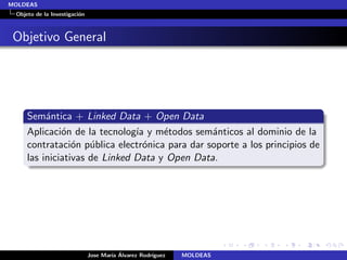 MOLDEAS
 Objeto de la Investigaci´n
                         o



 Objetivo General




     Sem´ntica + Linked Data + Open Data
          a
     Aplicaci´n de la tecnolog´ y m´todos sem´nticos al dominio de la
              o                ıa    e          a
     contrataci´n p´blica electr´nica para dar soporte a los principios de
                 o u             o
     las iniciativas de Linked Data y Open Data.




                                      ıa ´
                              Jose Mar´ Alvarez Rodr´
                                                    ıguez   MOLDEAS
 