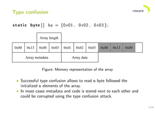 7/30
Type confusion
s t a t i c byte [ ] ba = {0x01 , 0x02 , 0x03 };
Figure: Memory representation of the array
• Successful type confusion allows to read n byte followed the
initialized n elements of the array.
• In most cases metadata and code is stored next to each other and
could be corrupted using the type confusion attack.
 