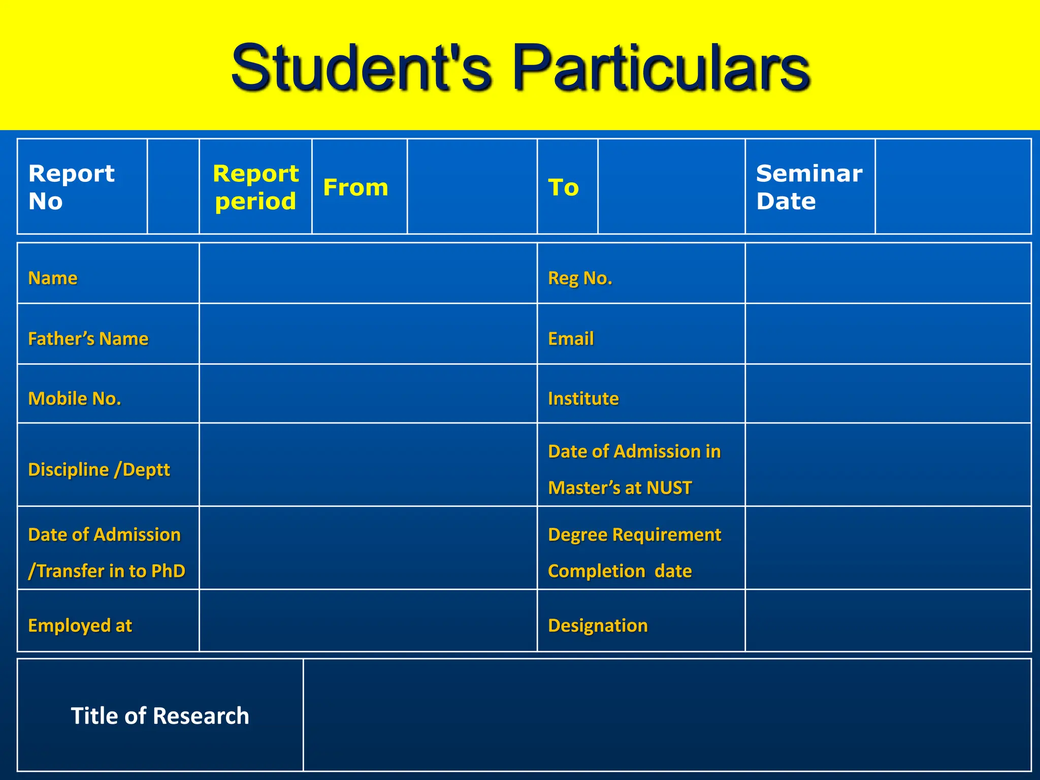 Student's Particulars
Name Reg No.
Father’s Name Email
Mobile No. Institute
Discipline /Deptt
Date of Admission in
Master’s at NUST
Date of Admission
/Transfer in to PhD
Degree Requirement
Completion date
Employed at Designation
Report
No
Report
period
From To
Seminar
Date
Title of Research
 