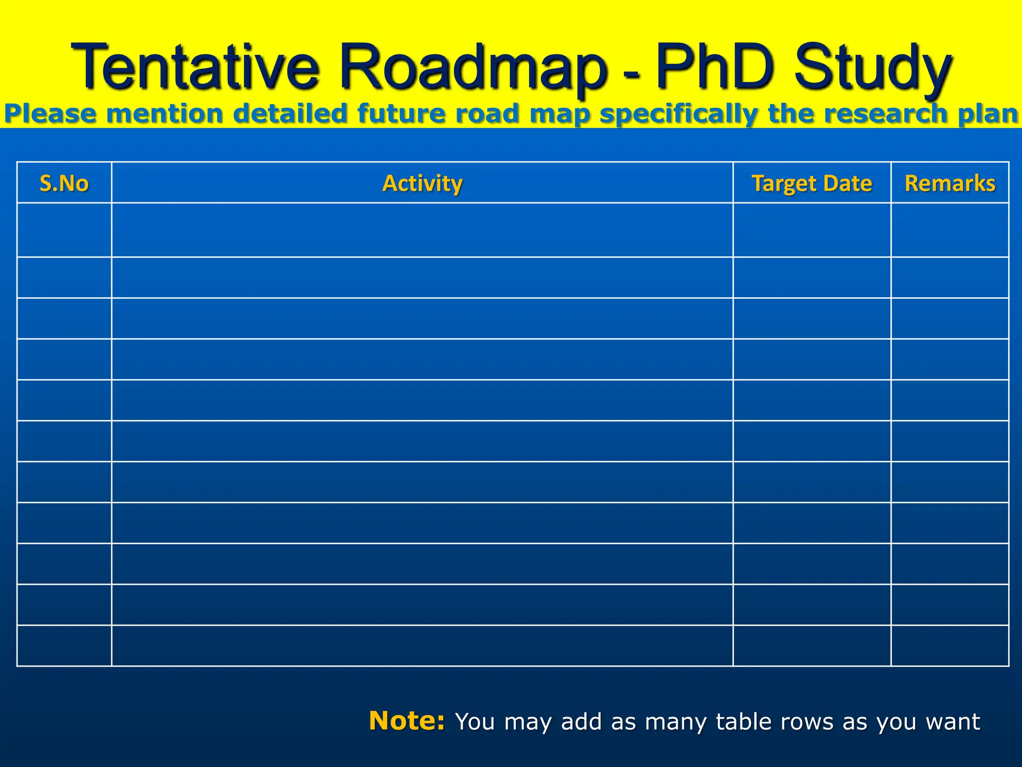 Tentative Roadmap - PhD Study
S.No Activity Target Date Remarks
Note: You may add as many table rows as you want
Please mention detailed future road map specifically the research plan
 