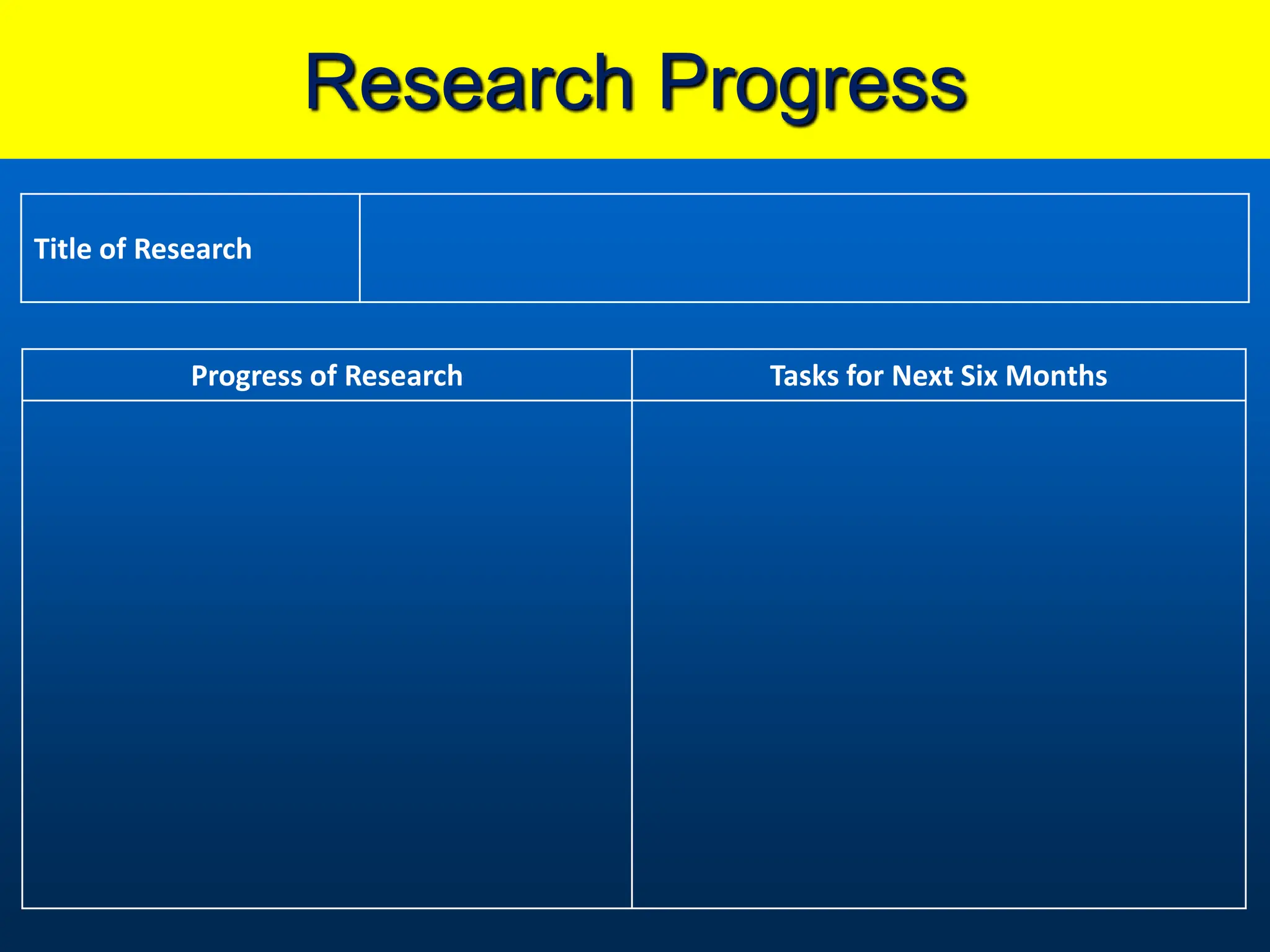 Research Progress
Title of Research
Progress of Research Tasks for Next Six Months
 