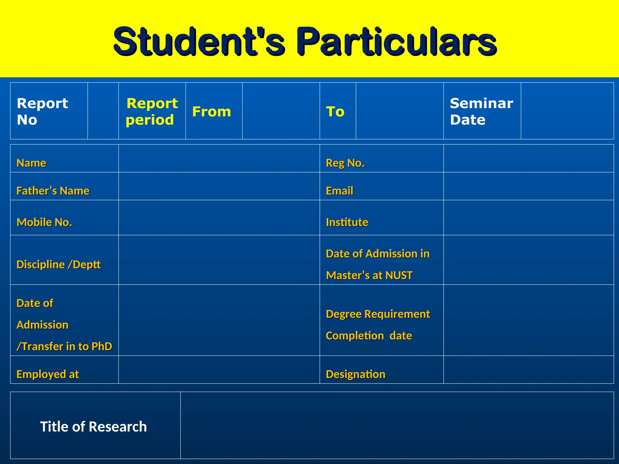 Student's Particulars
Student's Particulars
Name
Name Reg No.
Reg No.
Father’s Name
Father’s Name Email
Email
Mobile No.
Mobile No. Institute
Institute
Discipline /Deptt
Discipline /Deptt
Date of Admission in
Date of Admission in
Master’s at NUST
Master’s at NUST
Date of
Date of
Admission
Admission
/Transfer in to PhD
/Transfer in to PhD
Degree Requirement
Degree Requirement
Completion date
Completion date
Employed at
Employed at Designation
Designation
Report
No
Report
period
From To
Seminar
Date
Title of Research
 