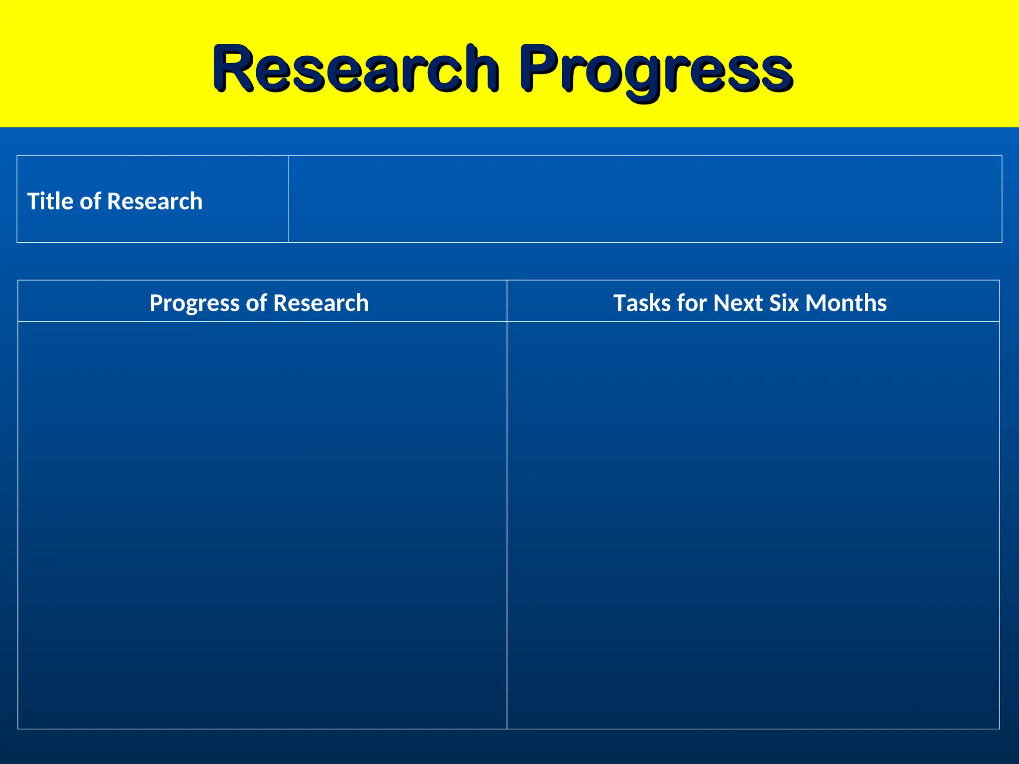 Research Progress
Research Progress
Title of Research
Progress of Research Tasks for Next Six Months
 
