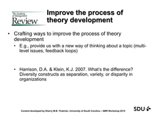Improve the process of
theory development
• Crafting ways to improve the process of theory
development
• E.g., provide us with a new way of thinking about a topic (multi-
level issues, feedback loops)
• Harrison, D.A. & Klein, K.J. 2007. What’s the difference?
Diversity constructs as separation, variety, or disparity in
organizations
Content developed by Sherry M.B. Thatcher, University of South Carolina – AMR Workshop 2015
 