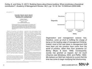 MADS CLAUSEN INSTITUTE
Corley, K. and Gioia, D. (2011) ‘Building theory about theory building: What constitutes a theoretical
contribution?’, Academy of Management Review, 36(1), pp. 12–32. doi: 10.5465/amr.2009.0486.
11 May 2017
31
Organization and management science has,
therefore, come up short in fulfilling the charge of
being on the leading edge of management thinking.
Indeed, most of the new ideas in management that
have been put into practice have come from the
world of practice, rather than from academia (cf.
Barley, Meyer, & Gash, 1988). Consequently,
society has granted us respect, but not much
influence (see Mintzberg, 2004, and Pfeffer, 1993).
We believe our field has matured to a point that the
time has come to begin rectifying that shortcoming
 