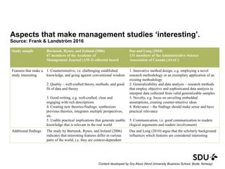 Aspects that make management studies ‘interesting’.
Source: Frank & Landström 2016
Study sample Bartunek, Rynes, and Ireland (2006)
67 members of the Academy of
Management Journal (AM J) editorial board
Das and Long (2010)
131 members of the Administrative Science
Association of Canada (ASAC)
Features that make a
study interesting
1. Counterintuitive, i.e. challenging established
knowledge, and going against conventional wisdom
2. Quality – well-crafted theory, methods, and good
fit of data and theory
3. Good writing, e.g. well-crafted, clear and
engaging with rich descriptions
4. Creating new theories/findings: synthesizes
previous theories, integrates multiple perspectives,
etc.
5. Usable practical implications that generate usable
knowledge that is relevant in the real world
1. Innovative method design, e.g. employing a novel
research methodology or an exemplary application of an
existing methodology
2. Generalizability and data analysis – research methods
that employ objective and sophisticated data analysis to
interpret data collected from valid generalizable samples
3. Novelty, e.g. focus on unveiling embedded
assumptions, creating counter-intuitive ideas
4. Relevance – the findings should make sense and have
practical relevance
5. Communication, i.e. good communication to readers
(logical arguments and readers involvement)
Additional findings The study by Bartunek, Rynes, and Ireland (2006)
indicates that interesting features differ in various
parts of the world, i.e. they are context-dependent
Das and Long (2010) argue that the scholarly background
influences which features are considered interesting
Content developed by Gry Alsos (Nord University Business School, Bodø, Norway)
 