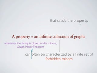 that satisfy the property.



      A property = an infinite collection of graphs
whenever the family is closed under minors,
         Graph Minor Theorem

                 can often be characterized by a ﬁnite set of
                              forbidden minors
 