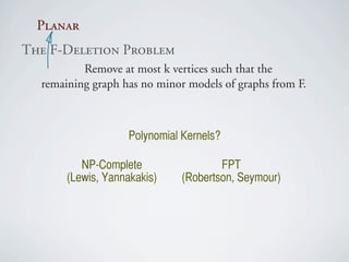 mä~å~ê
qÜÉ=cJaÉäÉíáçå=mêçÄäÉã
          Remove at most k vertices such that the
  remaining graph has no minor models of graphs from F.



                    Polynomial Kernels?

          NP-Complete                 FPT
       (Lewis, Yannakakis)    (Robertson, Seymour)
 