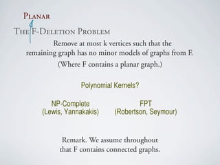 mä~å~ê
qÜÉ=cJaÉäÉíáçå=mêçÄäÉã
          Remove at most k vertices such that the
  remaining graph has no minor models of graphs from F.
            (Where F contains a planar graph.)

                    Polynomial Kernels?

          NP-Complete                 FPT
       (Lewis, Yannakakis)    (Robertson, Seymour)


             Remark. We assume throughout
            that F contains connected graphs.
 