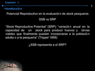 Capítulo  1 Introducción Potencial Reproductivo en la evaluación de stock pesqueros SSB vs SRP “ Stock Reproductive Potential” (SRP): “variación anual en la capacidad de un stock para producir huevos y larvas viables que finalmente puedan incorporarse a la población adulta o a la pesquería” (Trippel 1999) ¿SSB representa a el SRP? 6 
