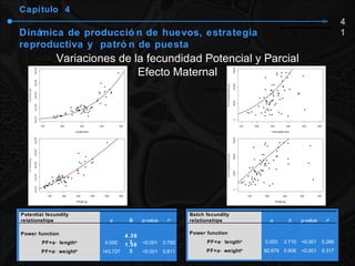 Capítulo  4 Dinámica de producción de huevos, estrategia reproductiva y  patrón de puesta Variaciones de la fecundidad Potencial y Parcial Efecto Maternal 41 Batch fecundity relationships a b p-value r 2 Power function PF=a·length b 0.003 2.710 <0.001 0.266 PF=a·weight b 82.679 0.906 <0.001 0.317 Potential fecundity relationships a b p-value r 2 Power function PF=a·length b 0.000 4.397 <0.001 0.793 PF=a·weight b 143.727 1.363 <0.001 0.811 