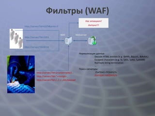 Фильтры (WAF)
                                                        Нас атакуют!

http://server/?id=6329&print=Y                             Ахтунг!!!


                                 WAF           Webserver
http://server/?id=5351


http://server/?id=8234

                                                   Нормализация данных
                                                                Decode HTML entities (e.g. c, ", ª)
                                                                Escaped characters (e.g. t, 001, xAA, uAABB)
                                                                Null byte string termination
                                                                ...
                                                   Поиск сигнатуры
          http://server/?id=1+union+select...                    /(sel)(ect.+fr)(om)/is
          http://server/?id="><script>...                       /(uni)(on.+sel)(ect)/is
                                                                ...
          http://server/?id=/../../../etc/passwd
 