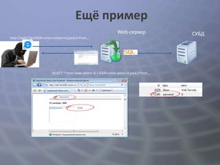 Ещё пример
                                                                  Web-сервер              СУБД
http://web/?id=6329+union+select+id,pwd,0+from...




                         ….
                         SELECT * from news where id = 6329 union select id,pwd,0 from…
                         ….
 