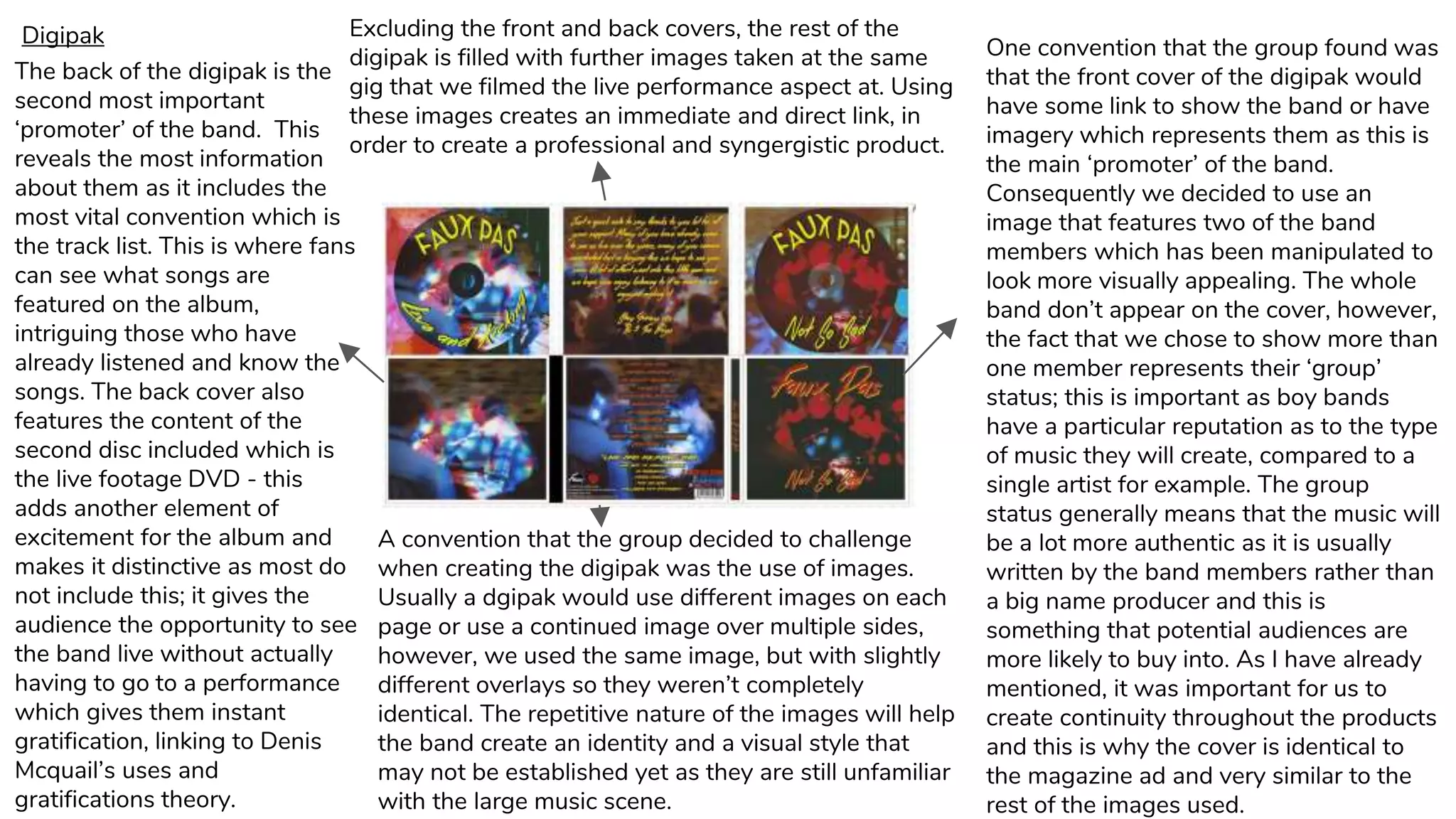Digipak
One convention that the group found was
that the front cover of the digipak would
have some link to show the band or have
imagery which represents them as this is
the main ‘promoter’ of the band.
Consequently we decided to use an
image that features two of the band
members which has been manipulated to
look more visually appealing. The whole
band don’t appear on the cover, however,
the fact that we chose to show more than
one member represents their ‘group’
status; this is important as boy bands
have a particular reputation as to the type
of music they will create, compared to a
single artist for example. The group
status generally means that the music will
be a lot more authentic as it is usually
written by the band members rather than
a big name producer and this is
something that potential audiences are
more likely to buy into. As I have already
mentioned, it was important for us to
create continuity throughout the products
and this is why the cover is identical to
the magazine ad and very similar to the
rest of the images used.
The back of the digipak is the
second most important
‘promoter’ of the band. This
reveals the most information
about them as it includes the
most vital convention which is
the track list. This is where fans
can see what songs are
featured on the album,
intriguing those who have
already listened and know the
songs. The back cover also
features the content of the
second disc included which is
the live footage DVD - this
adds another element of
excitement for the album and
makes it distinctive as most do
not include this; it gives the
audience the opportunity to see
the band live without actually
having to go to a performance
which gives them instant
gratification, linking to Denis
Mcquail’s uses and
gratifications theory.
Excluding the front and back covers, the rest of the
digipak is filled with further images taken at the same
gig that we filmed the live performance aspect at. Using
these images creates an immediate and direct link, in
order to create a professional and syngergistic product.
A convention that the group decided to challenge
when creating the digipak was the use of images.
Usually a dgipak would use different images on each
page or use a continued image over multiple sides,
however, we used the same image, but with slightly
different overlays so they weren’t completely
identical. The repetitive nature of the images will help
the band create an identity and a visual style that
may not be established yet as they are still unfamiliar
with the large music scene.
 