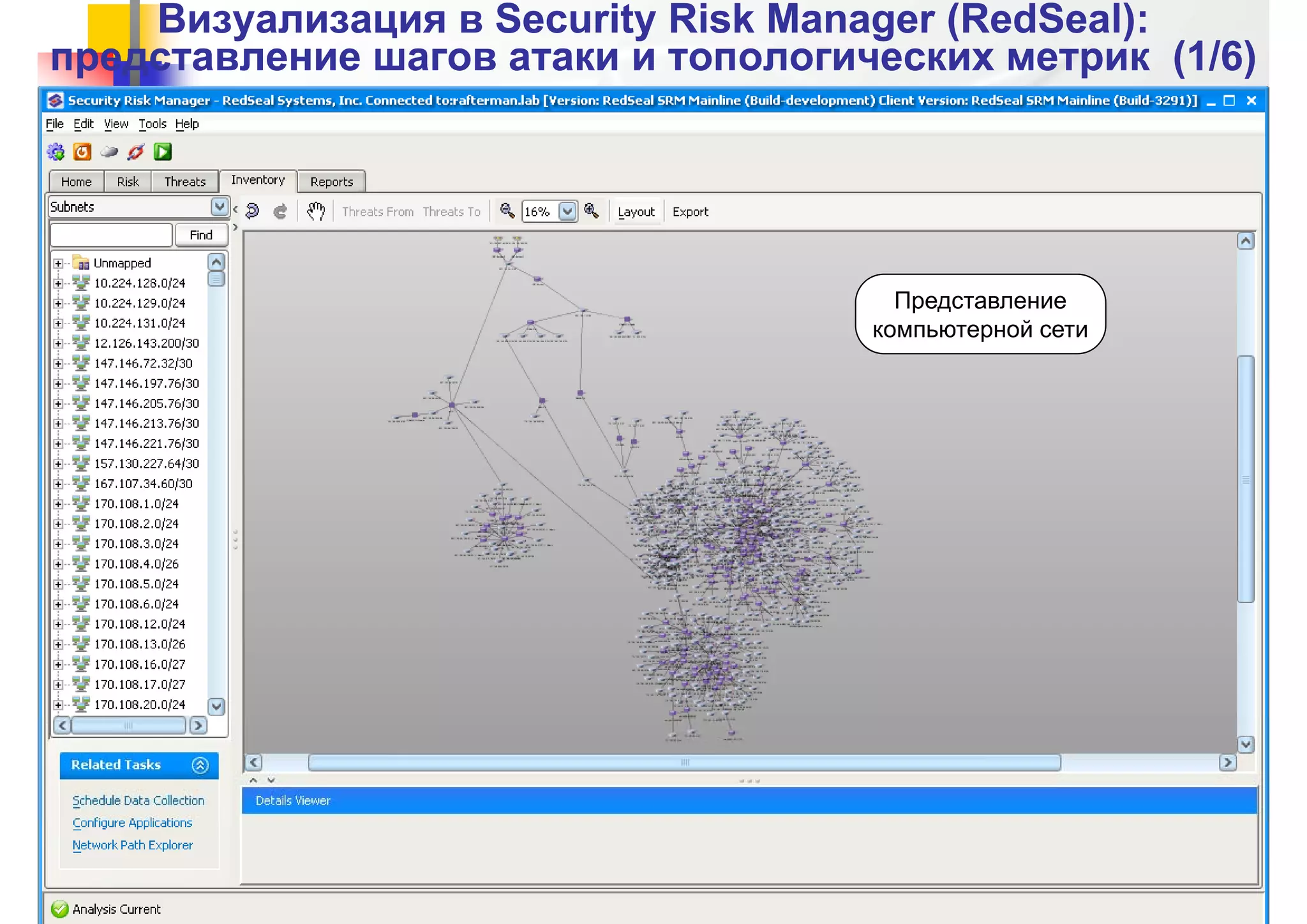 Визуализация вВизуализация в Security Risk ManagerSecurity Risk Manager ((RedSealRedSeal):):
представление шагов атаки и топологических метрик (1представление шагов атаки и топологических метрик (1//6)6)
ПредставлениеПредставление
компьютерной сети
PHD’2013, 23-24 мая 2013 г.
 