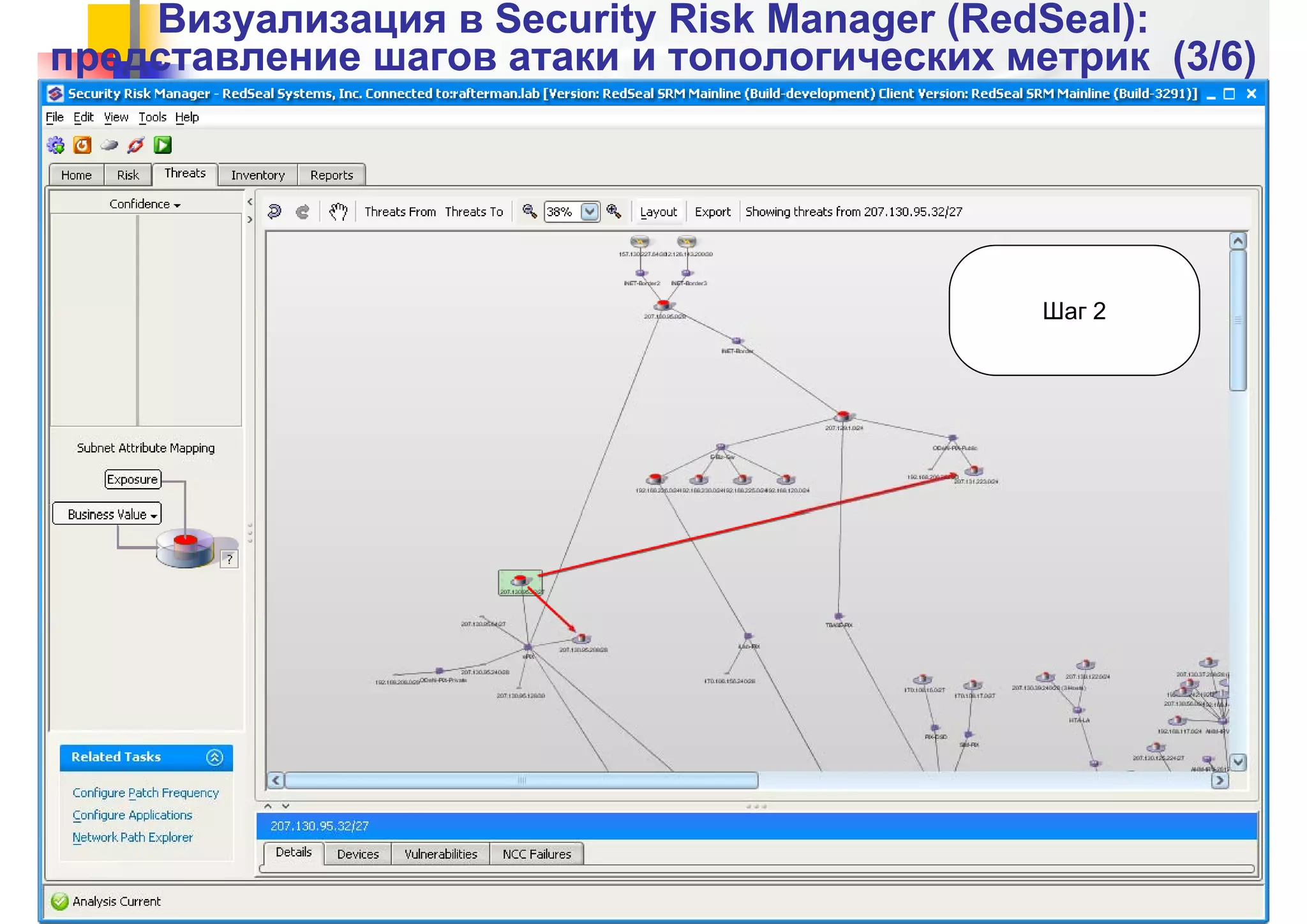 Визуализация вВизуализация в Security Risk ManagerSecurity Risk Manager ((RedSealRedSeal):):
представление шагов атаки и топологических метрик (3представление шагов атаки и топологических метрик (3//6)6)
Шаг 2Шаг 2
PHD’2013, 23-24 мая 2013 г.
 