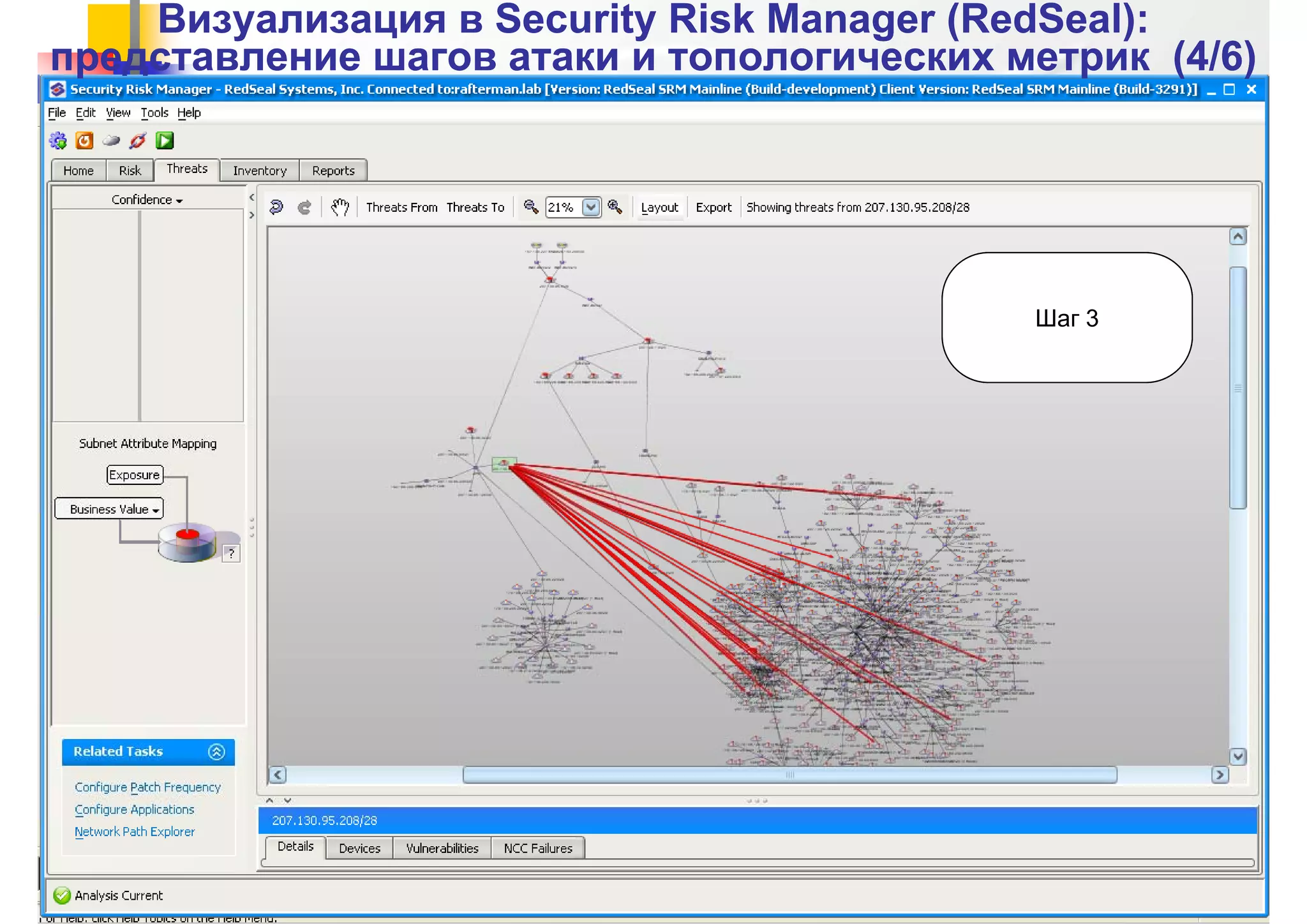 Визуализация вВизуализация в Security Risk ManagerSecurity Risk Manager ((RedSealRedSeal):):
представление шагов атаки и топологических метрик (4представление шагов атаки и топологических метрик (4//6)6)
Шаг 3
PHD’2013, 23-24 мая 2013 г.
 