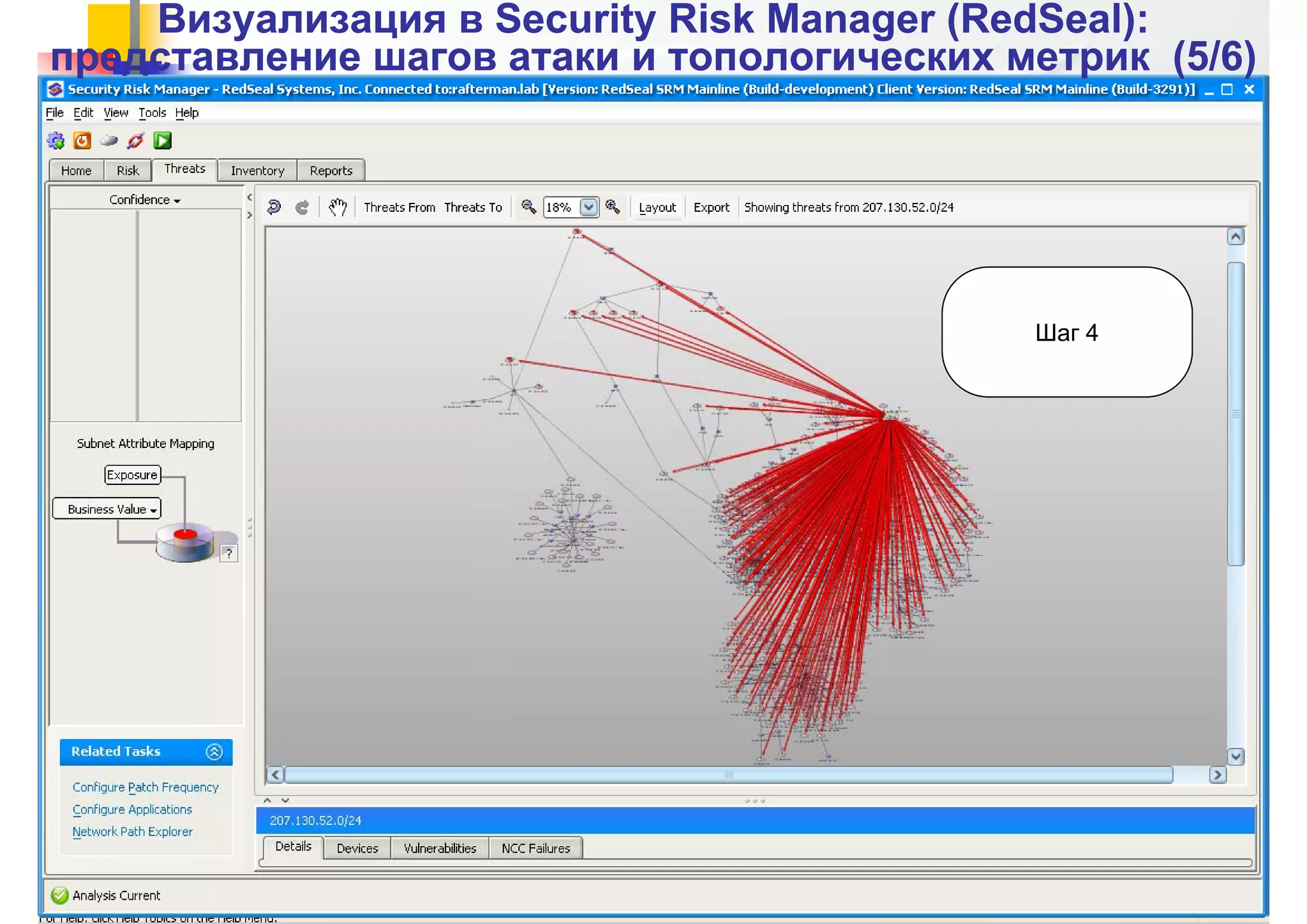 Визуализация вВизуализация в Security Risk ManagerSecurity Risk Manager ((RedSealRedSeal):):
представление шагов атаки и топологических метрик (5представление шагов атаки и топологических метрик (5//6)6)
Шаг 4
PHD’2013, 23-24 мая 2013 г.
 